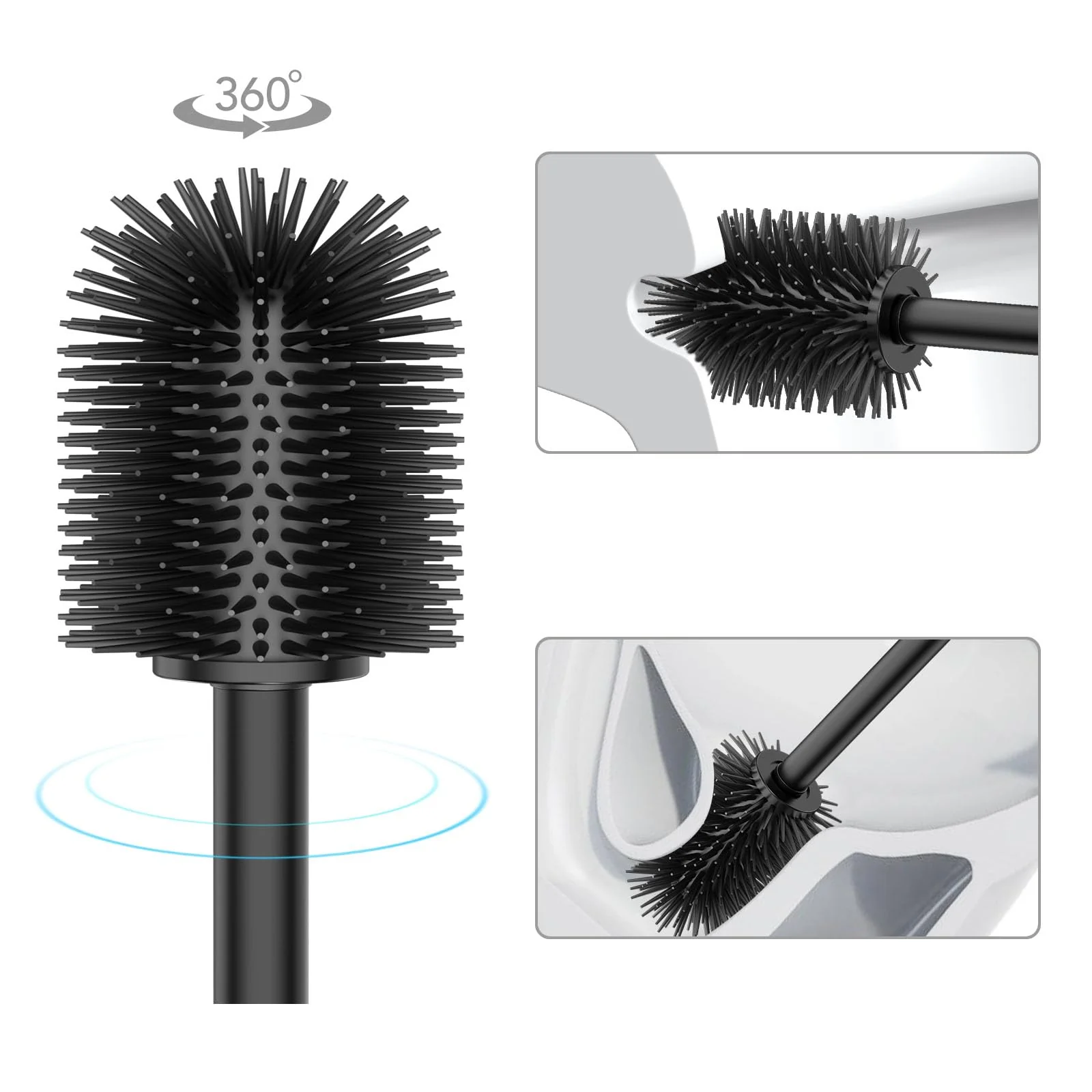 WAVEWO WC-Bürste Silikon -Toilettenbürste 2 Sätze, 3 Ersatzbürstenköpfe, Lange Edelstahlgriffe, geeignet für Badezimmer, Toilettenbürste Durchmesser 7 cm (TPR Mattschwarz) - Image 5