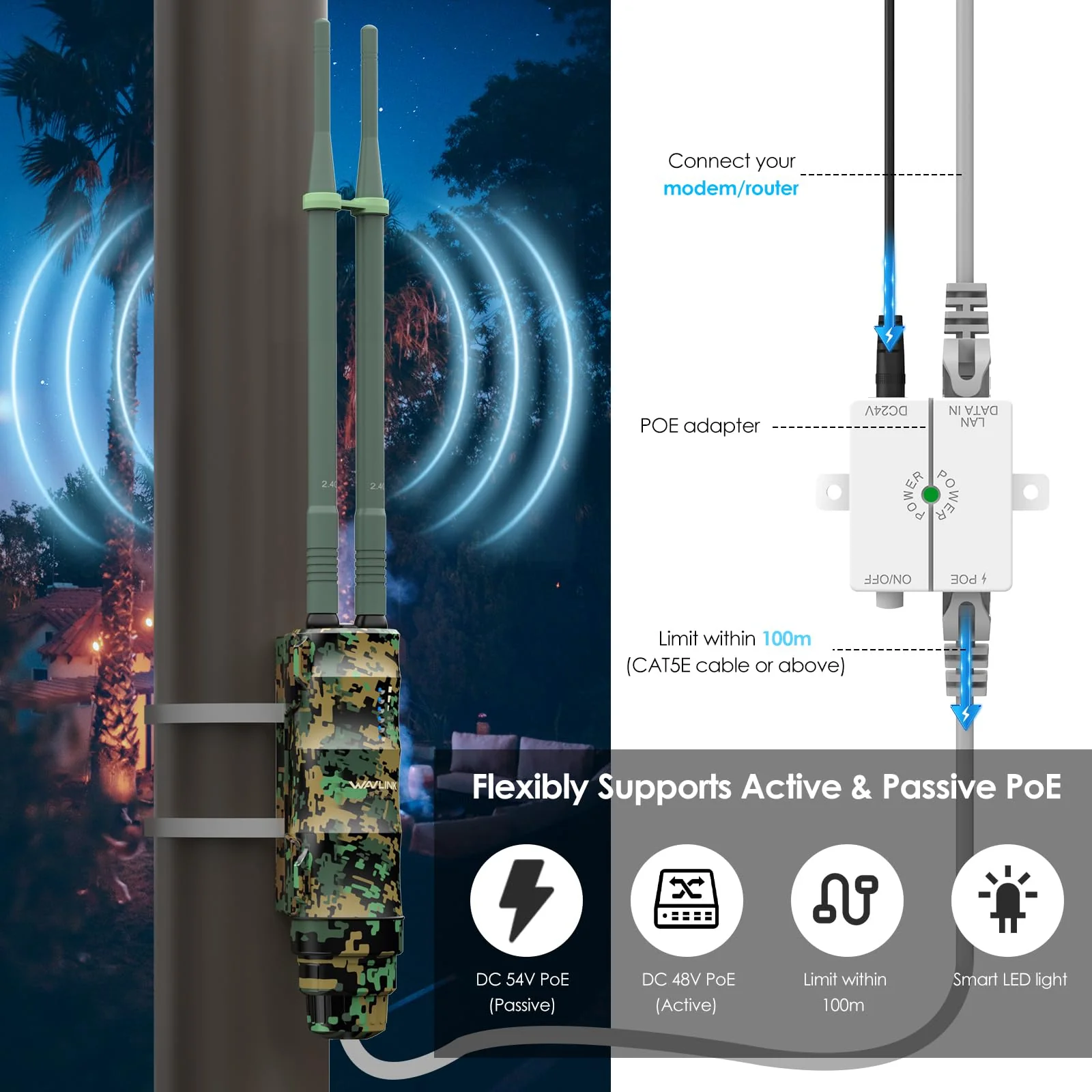 WAVLINK N300 Outdoor WLAN Repeater Greenwood, wetterfester 300Mbit/s WLAN Access Point/Verstärker unterstützt Passive/Active PoE, AP/Router/Repeater Modi, 100Mbit/s WAN/LAN, WPA2, EU-Netzteil - Image 4
