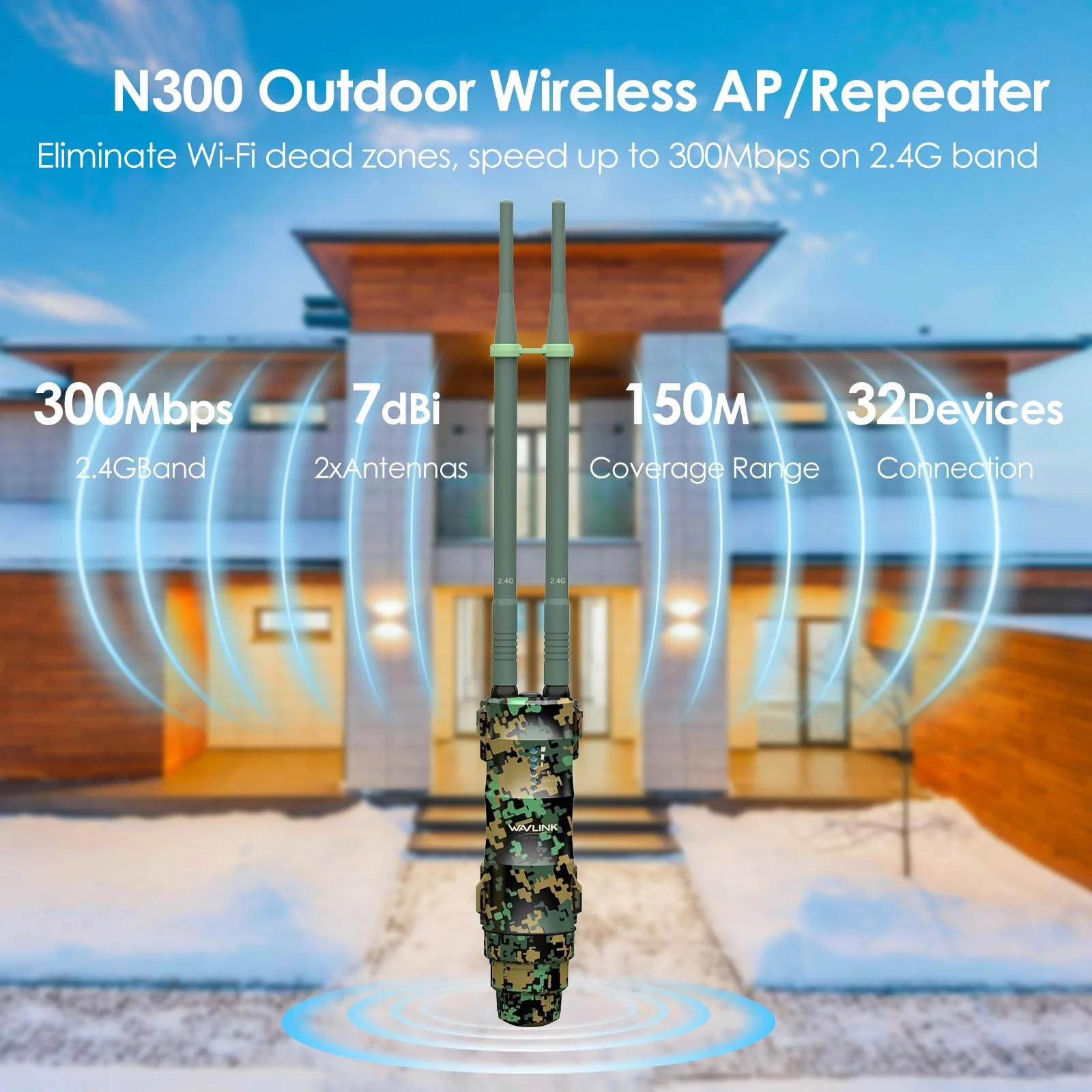 WAVLINK N300 Outdoor WLAN Repeater Greenwood, wetterfester 300Mbit/s WLAN Access Point/Verstärker unterstützt Passive/Active PoE, AP/Router/Repeater Modi, 100Mbit/s WAN/LAN, WPA2, EU-Netzteil - Image 8