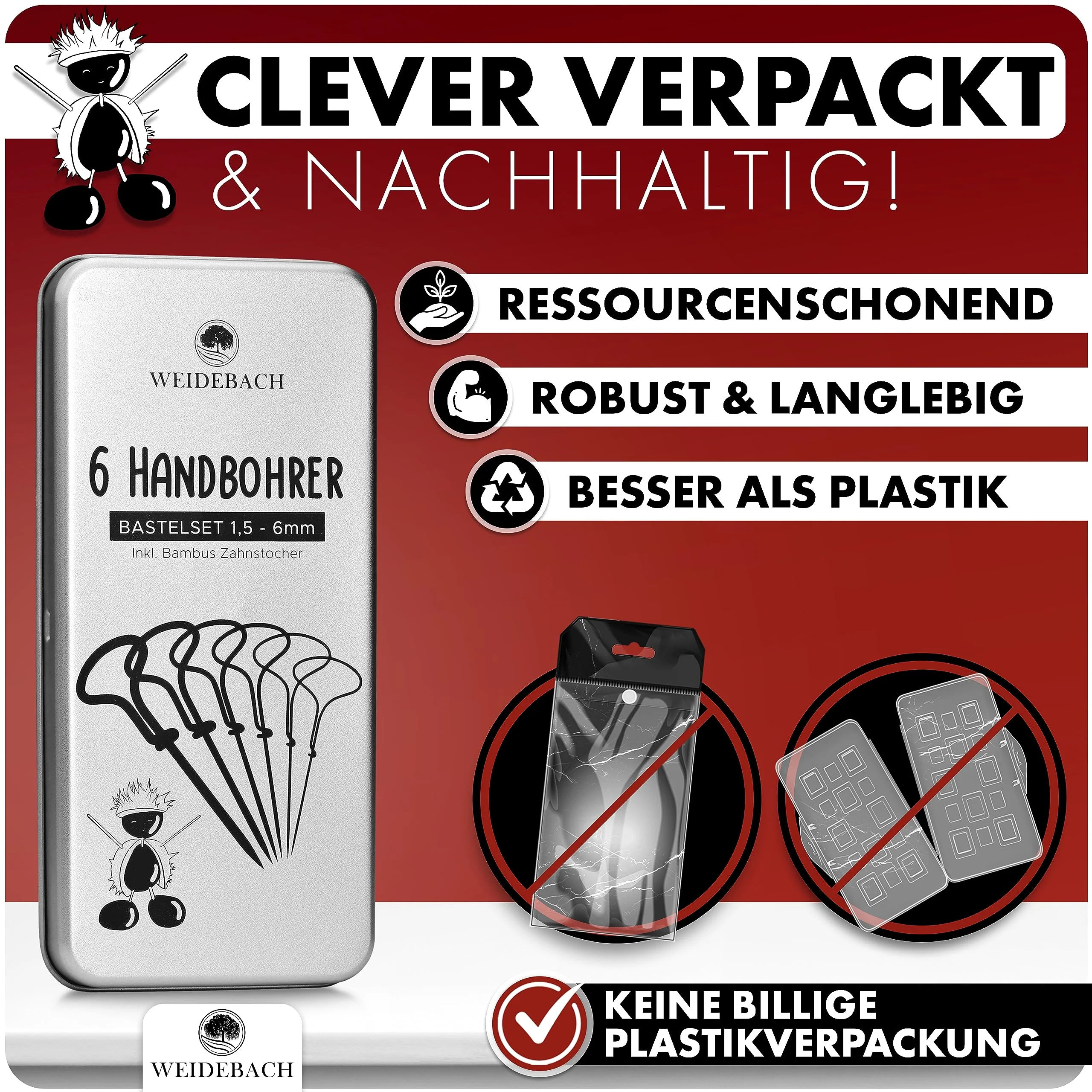 WEIDEBACH® 6-teiliges Kastanienbohrer Set, 1,5-6 mm Bohrer + 20 Zahnstocher zum Basteln in Alubox, Kastanien-Bastelset, Kastanienset, Kastanienmännchen Bastelset, Holzbohrer Handbohrer f. Kastanien - Image 4