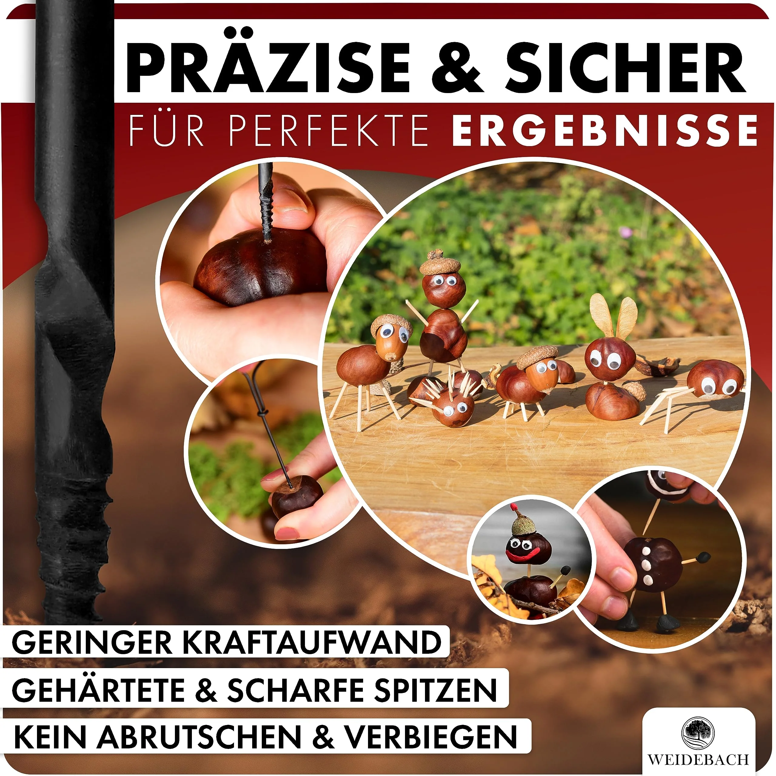 WEIDEBACH® 6-teiliges Kastanienbohrer Set, 1,5-6 mm Bohrer + 20 Zahnstocher zum Basteln in Alubox, Kastanien-Bastelset, Kastanienset, Kastanienmännchen Bastelset, Holzbohrer Handbohrer f. Kastanien - Image 5
