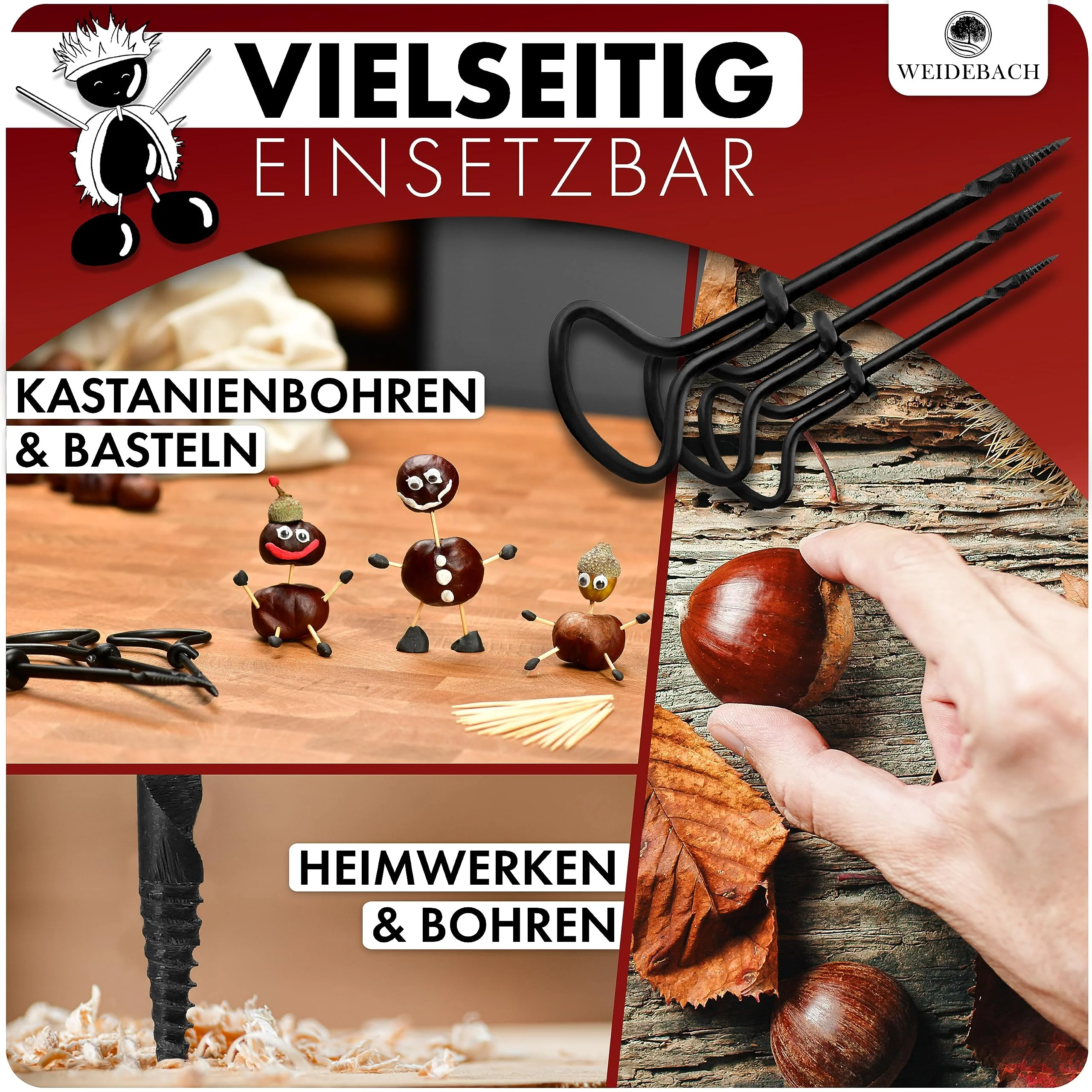 WEIDEBACH® 6-teiliges Kastanienbohrer Set, 1,5-6 mm Bohrer + 20 Zahnstocher zum Basteln in Alubox, Kastanien-Bastelset, Kastanienset, Kastanienmännchen Bastelset, Holzbohrer Handbohrer f. Kastanien - Image 6
