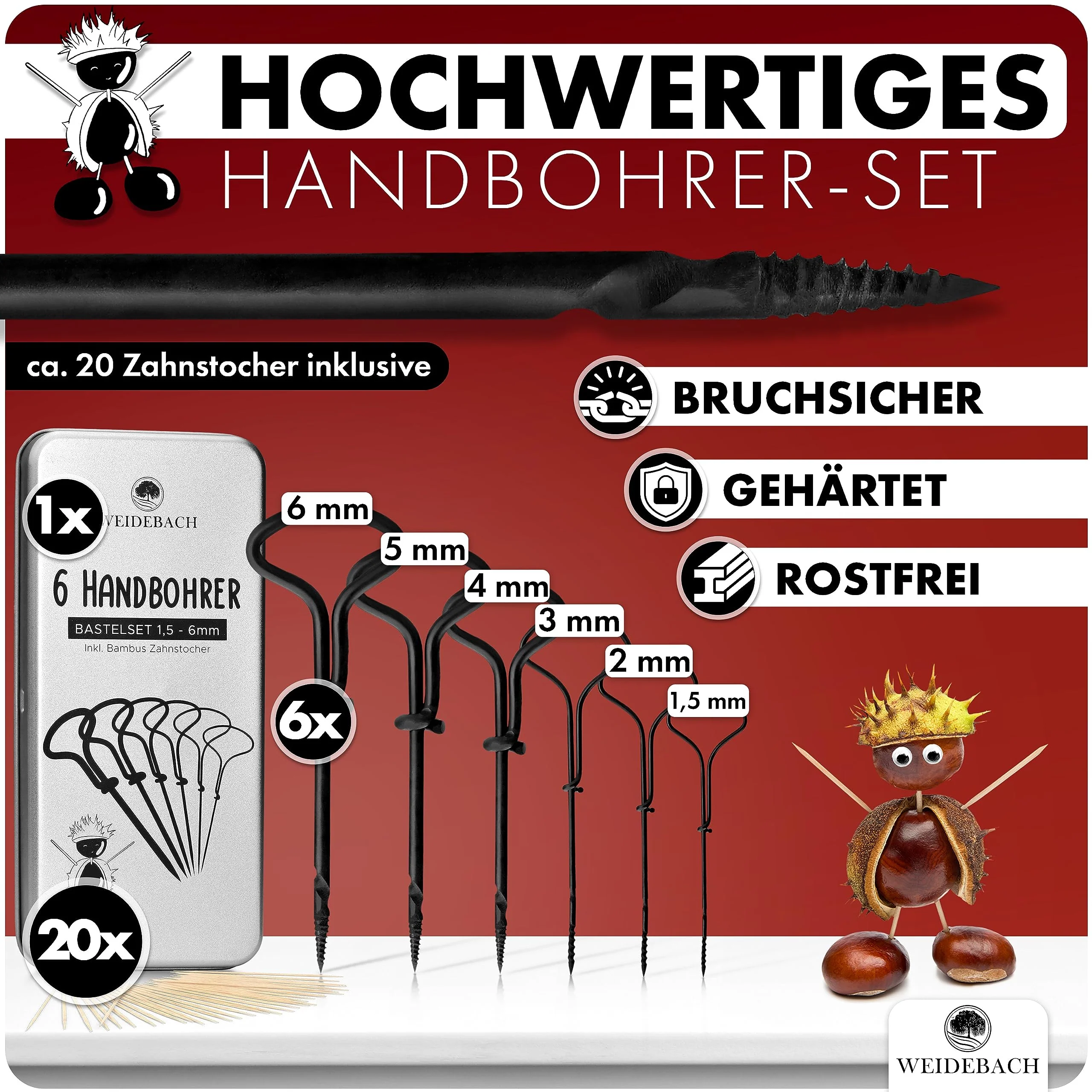 WEIDEBACH® 6-teiliges Kastanienbohrer Set, 1,5-6 mm Bohrer + 20 Zahnstocher zum Basteln in Alubox, Kastanien-Bastelset, Kastanienset, Kastanienmännchen Bastelset, Holzbohrer Handbohrer f. Kastanien - Image 7