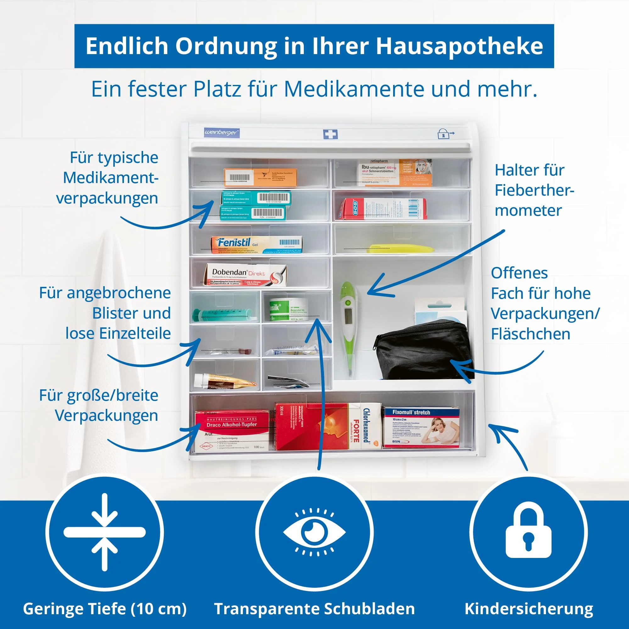 Weinberger Medizinschrank I Apotheker- und Medikamenten-Schrank I Tabletten-Aufbewahrung I Hausapotheke I Arznei- & Erste-Hilfe-Schrank I Kindersicherung I Jalousie I viele Fächer I Weiß - Image 8
