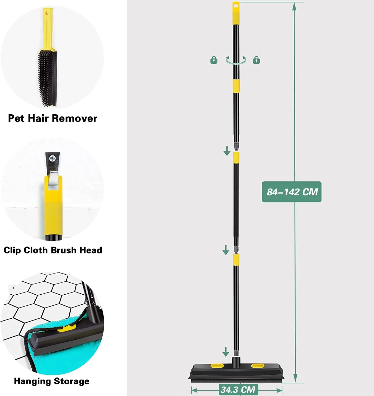 WELDUN Gummibesen mit Abzieher 34 cm breit Gummi Borsten mit Teleskopstiel, Entfernen von Tiere Katzen Hunde Haare, Bodenbürste für Teppich Hartholz Fenster Fliesen, für Innen Außen, Wasserfest, Gelb - Image 2