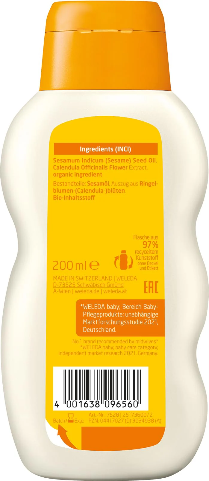 WELEDA Bio Baby Calendula Pflegeöl parfümfrei - veganes Naturkosmetik Babyöl mit Sesamöl zur Pflege & Massage von Babys. Körperöl zum Schutz vor Hautreizungen, Wundwerden & trockener Haut (1x200ml) - Image 9