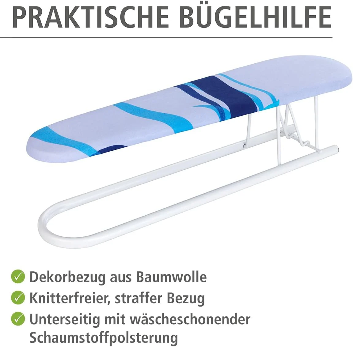 WENKO Ärmelbügelbrett, zusätzliches Bügelbrett mit Dekorbezug für Hemden & Hosenbeine, knitterfreier Bezug für Komfortables Bügeln aus 100% Baumwolle, praktische Bügelhilfe, 52 x 12 cm, Blau - Image 12