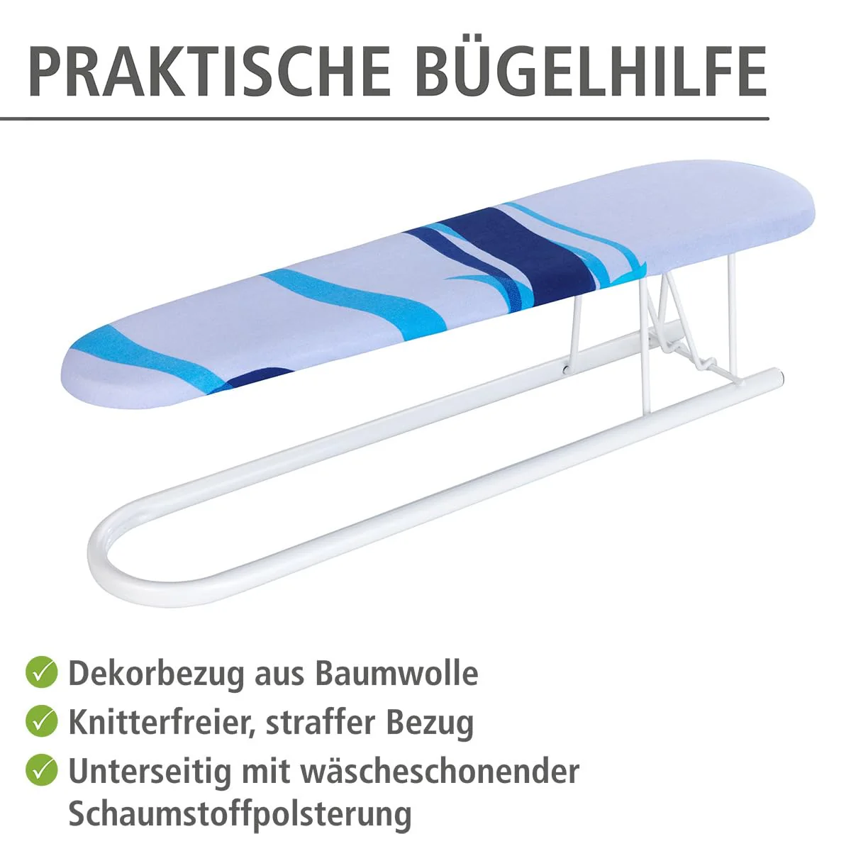 WENKO Ärmelbügelbrett, zusätzliches Bügelbrett mit Dekorbezug für Hemden & Hosenbeine, knitterfreier Bezug für Komfortables Bügeln aus 100% Baumwolle, praktische Bügelhilfe, 52 x 12 cm, Blau - Image 9