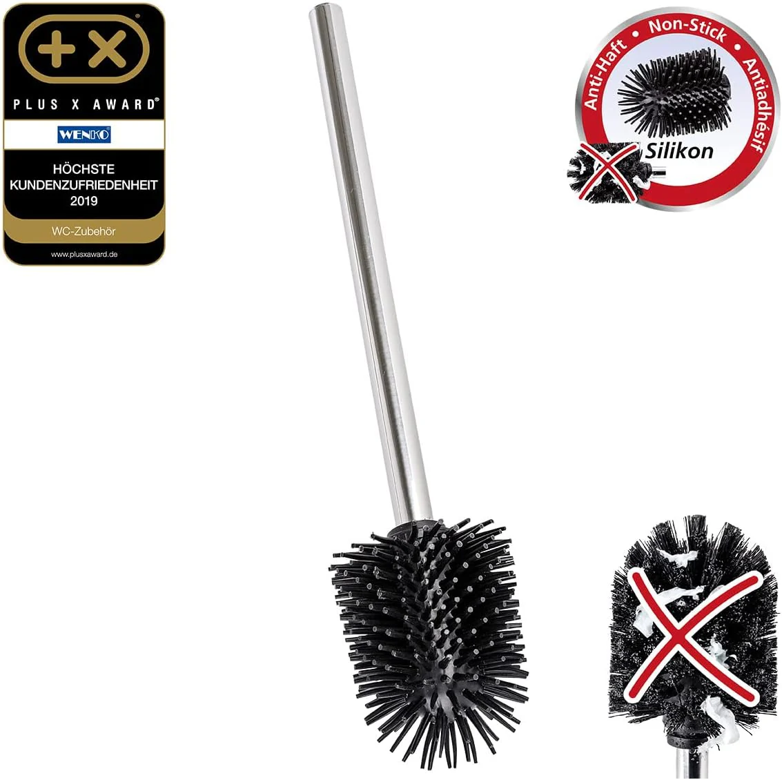 WENKO Silikon WC-Ersatzbürste mit Edelstahlstiel - Ersatz-Toilettenbürste, mit Anti-Haft-Wirkung, Edelstahl rostfrei, 7.5 x 35 x 7.5 cm, Glänzend, Schwarz