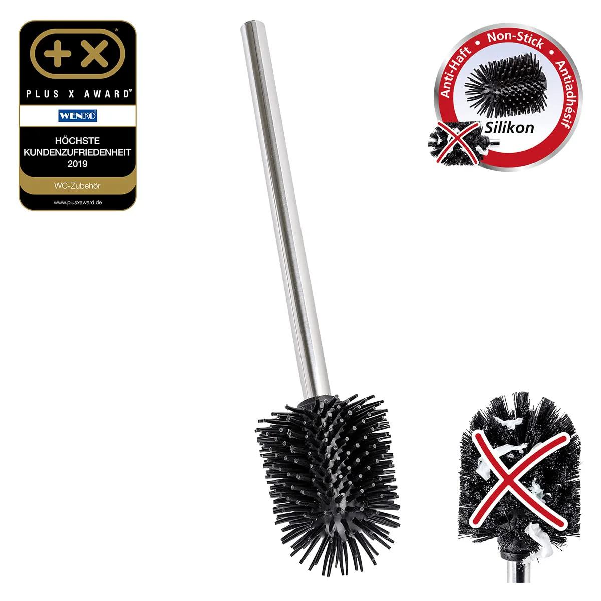 WENKO Silikon WC-Ersatzbürste mit Edelstahlstiel - Ersatz-Toilettenbürste, mit Anti-Haft-Wirkung, Edelstahl rostfrei, 7.5 x 35 x 7.5 cm, Glänzend, Schwarz - Image 10