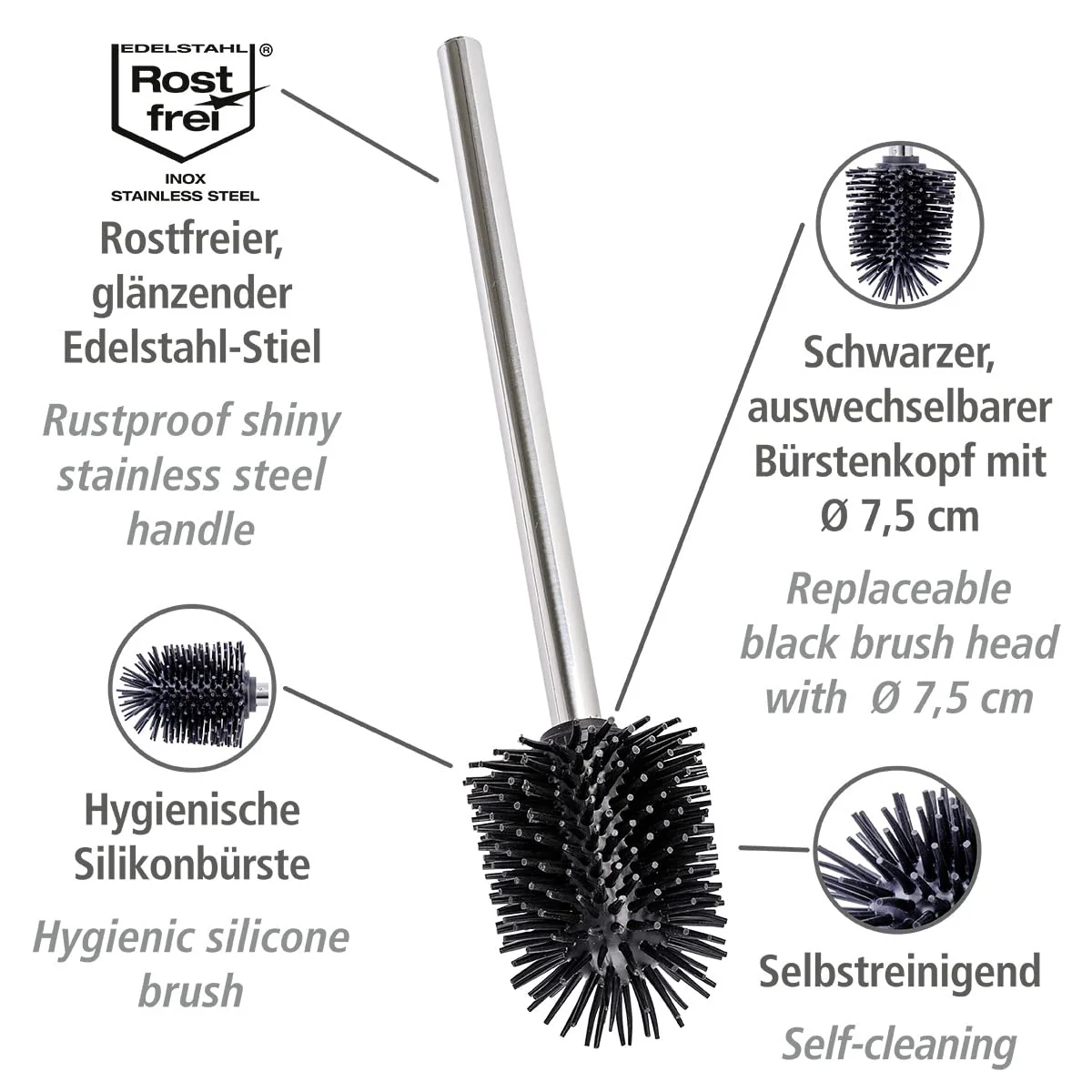 WENKO Silikon WC-Ersatzbürste mit Edelstahlstiel - Ersatz-Toilettenbürste, mit Anti-Haft-Wirkung, Edelstahl rostfrei, 7.5 x 35 x 7.5 cm, Glänzend, Schwarz - Image 7