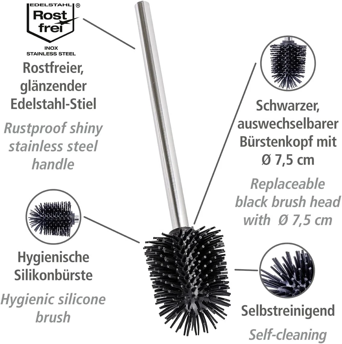 WENKO Silikon WC-Ersatzbürste mit Edelstahlstiel - Ersatz-Toilettenbürste, mit Anti-Haft-Wirkung, Edelstahl rostfrei, 7.5 x 35 x 7.5 cm, Glänzend, Schwarz - Image 9