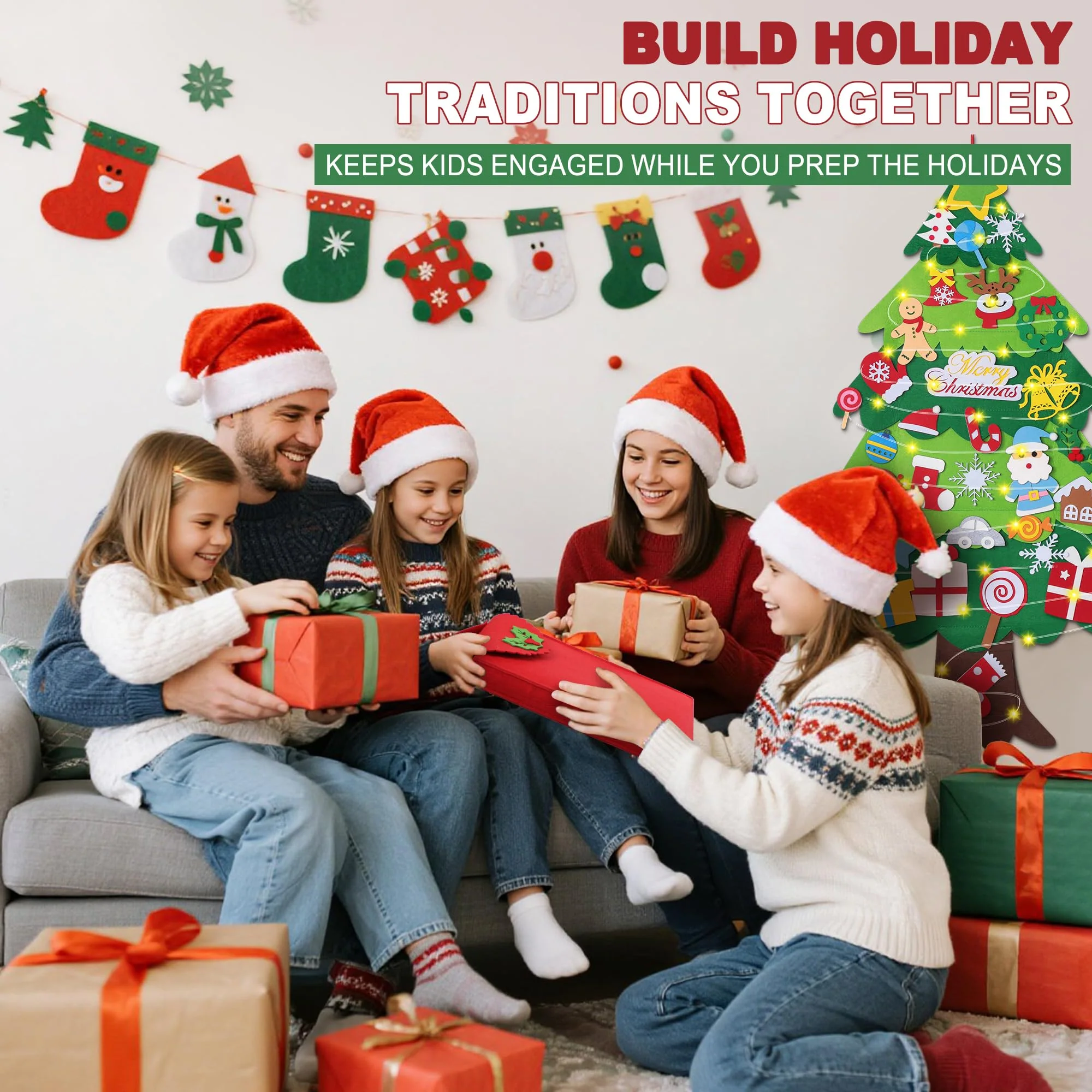 WEST STORY Filz Weihnachtsbaum für Kinder, 3.3Ft DIY Filz Tannenbaum Zum Schmücken mit 34 Ornamenten & 5m Lichterkette, Roter Aufbewahrungsbeutel, Kleinkinder & Kinder - Image 2