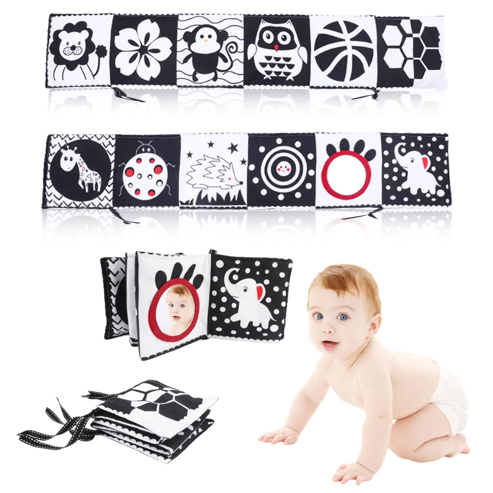 Weysoo Kontrastbuch Baby, Schwarz Weiß Doppelseitig Buch enthält Spiegel, Soft Kontrastkarten ab 0 3 6 Monate, Klingendes Wahrnehmungs-Lernspielzeug Newborn Baby Essentials für Tummy Time - Image 2