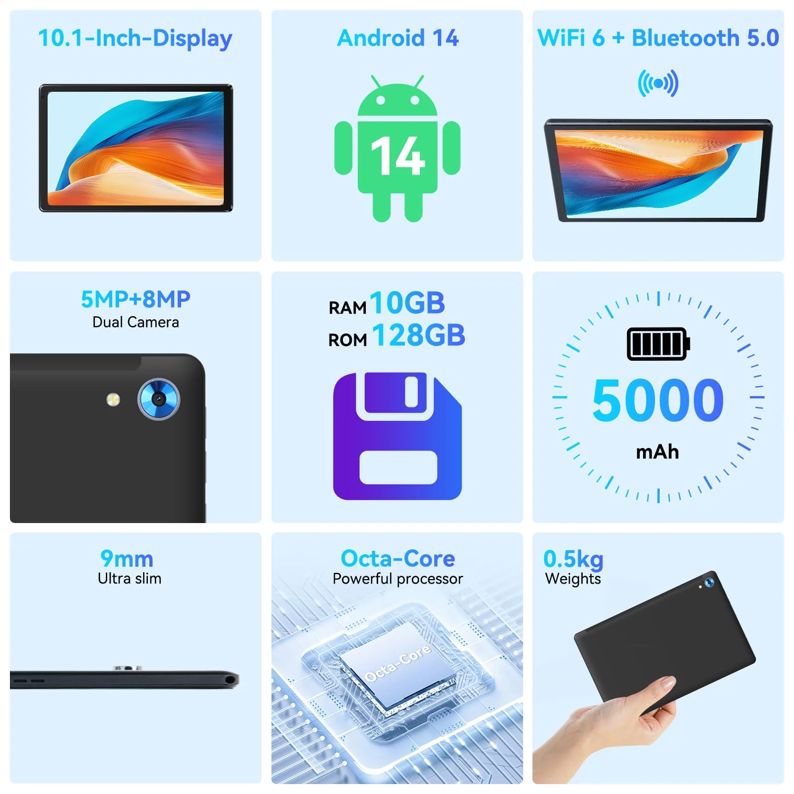 Whitedeer Tablet, Tablet 10 Zoll, Android Tablet mit 10GB RAM 128GB ROM, Octa-Core, HD IPS Touchscreen, 5000mAh Akku, WiFi 6, Bluetooth 5.0, Dual Kamera, Face ID, Google-Zertifiziert, Schwarz - Image 8