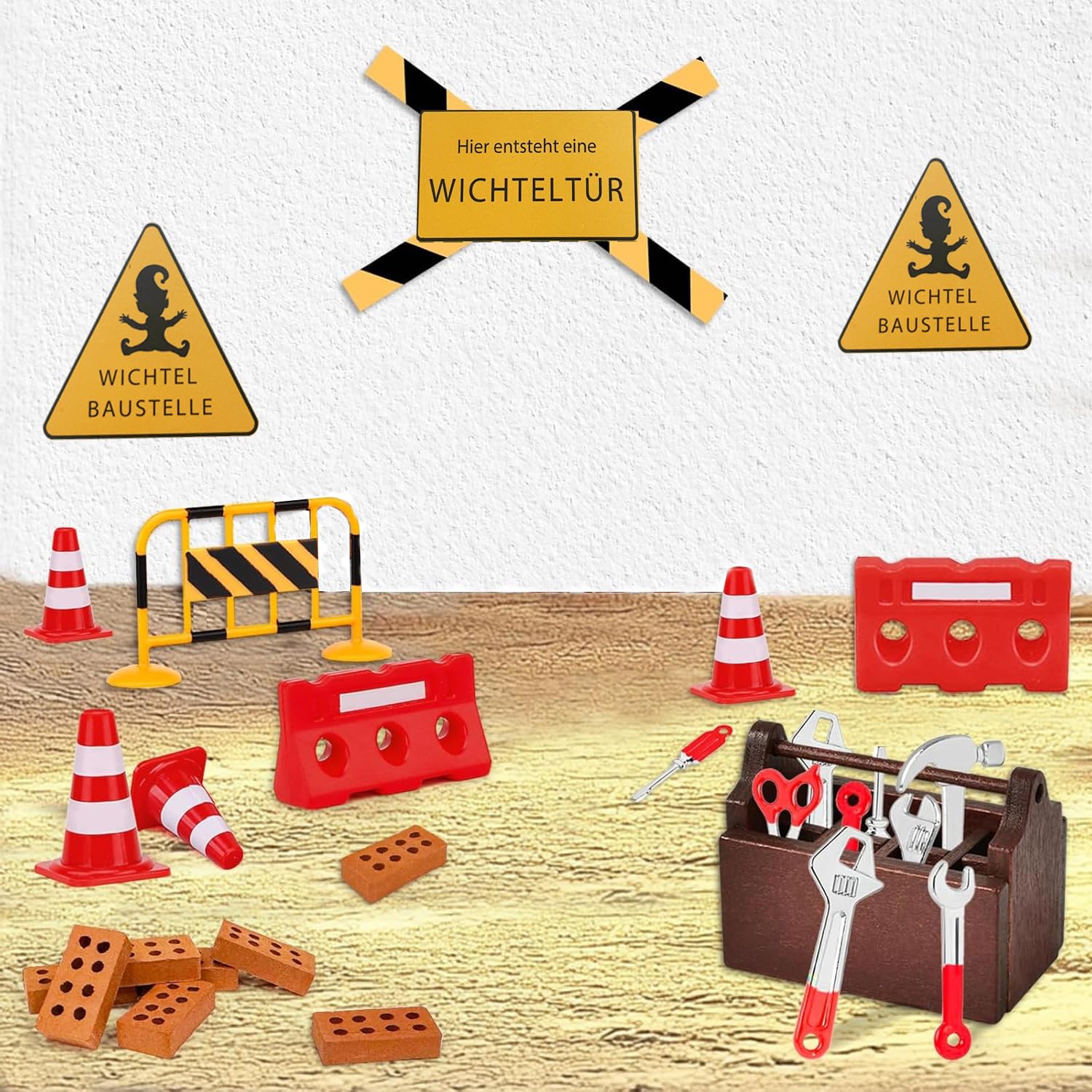 Wichtel Zubehör Baustelle, 27 Pcs Miniatur Wichtel Baustelle Set für Wichteltür Weihnachten Deko und Puppenhaus,DIY wichtelzubehör Baustelle Einzug mit Absperrungsset,Pylonen, Werkzeug-Set