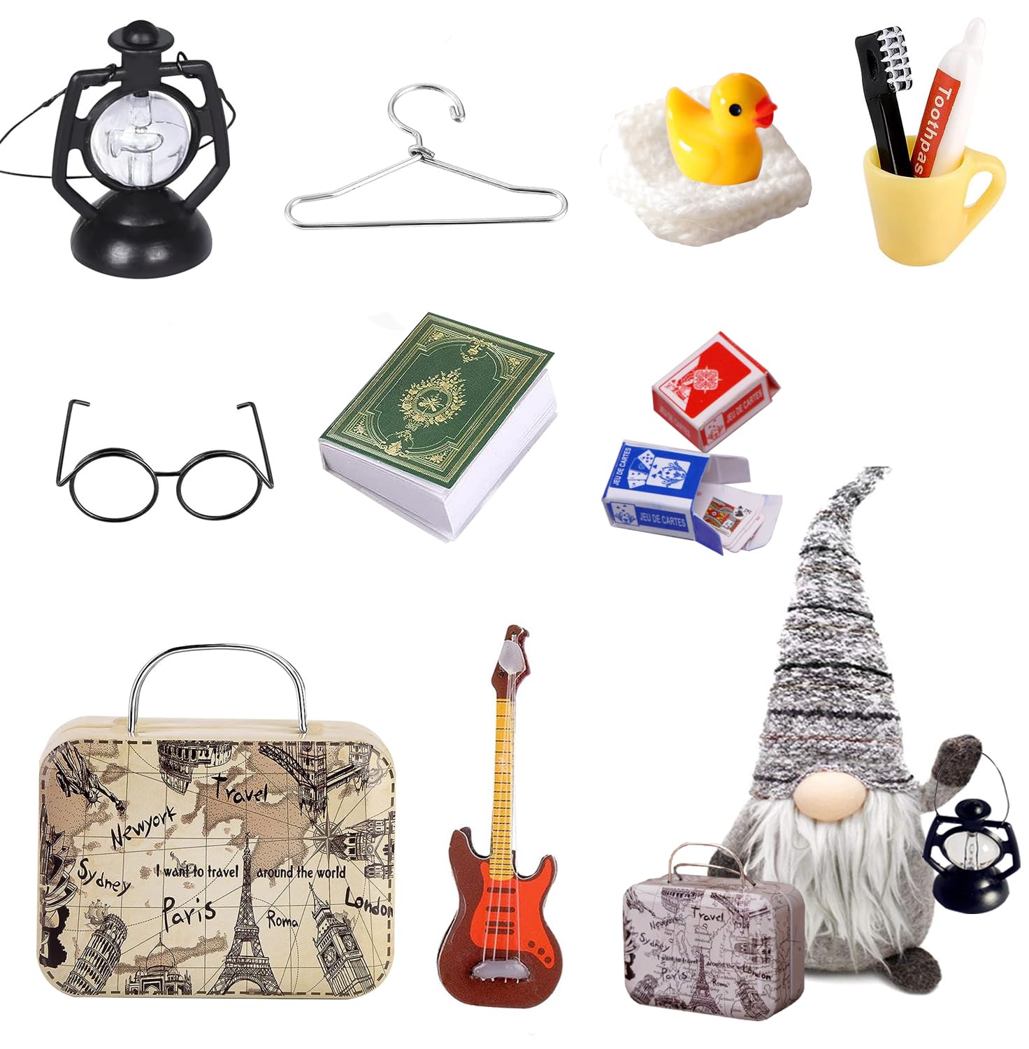 Wichtel Zubehör Set, 12Pcs Miniatur Wichtel Zubehör Weihnachten Deko für Wichteltür und 1/12 Puppenhaus,DIY Wichtel Reise Zubehör mit Zahnbrüste Zahnpasta Bücher Brillen Koffer