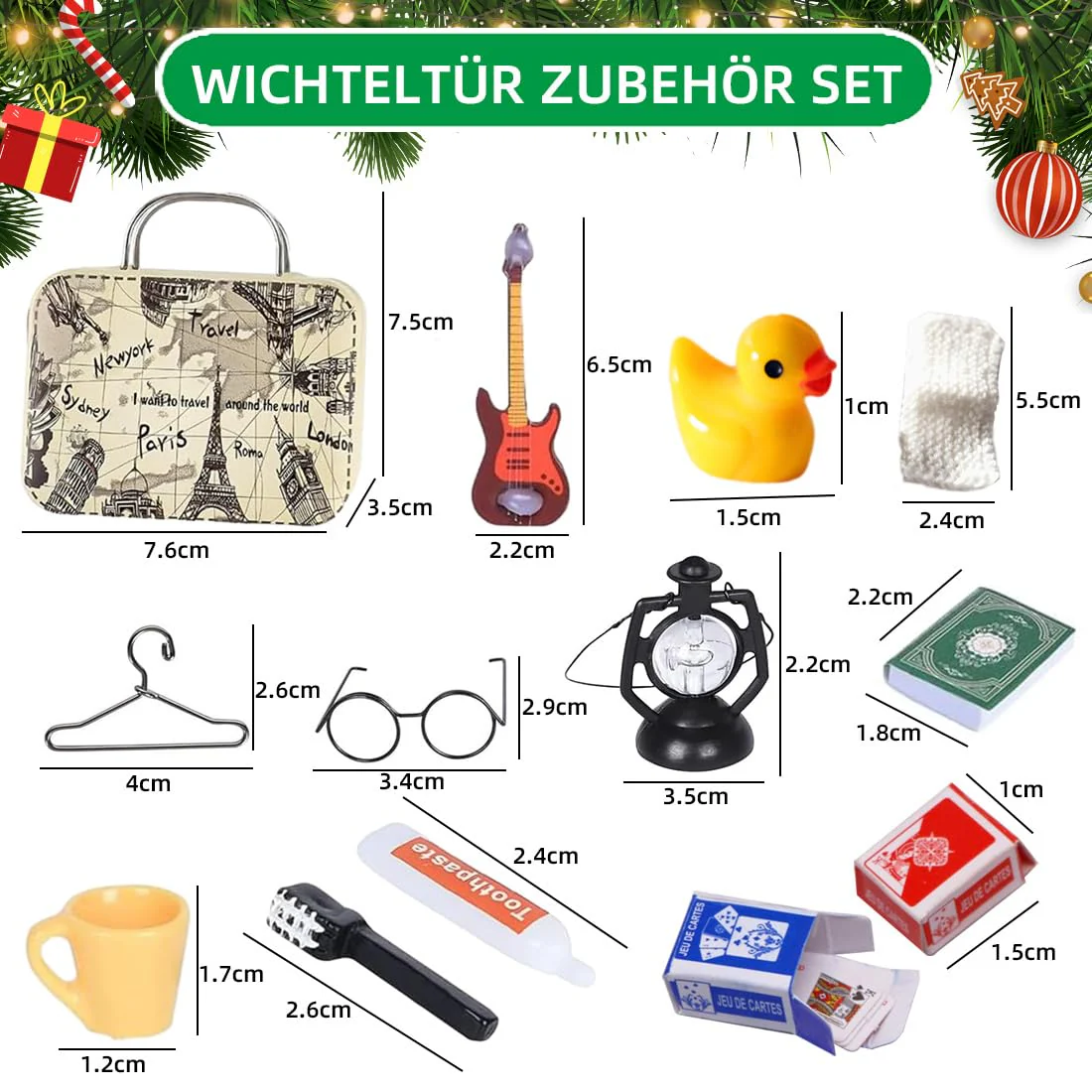 Wichtel Zubehör Set, 12Pcs Miniatur Wichtel Zubehör Weihnachten Deko für Wichteltür und 1/12 Puppenhaus,DIY Wichtel Reise Zubehör mit Zahnbrüste Zahnpasta Bücher Brillen Koffer - Image 6