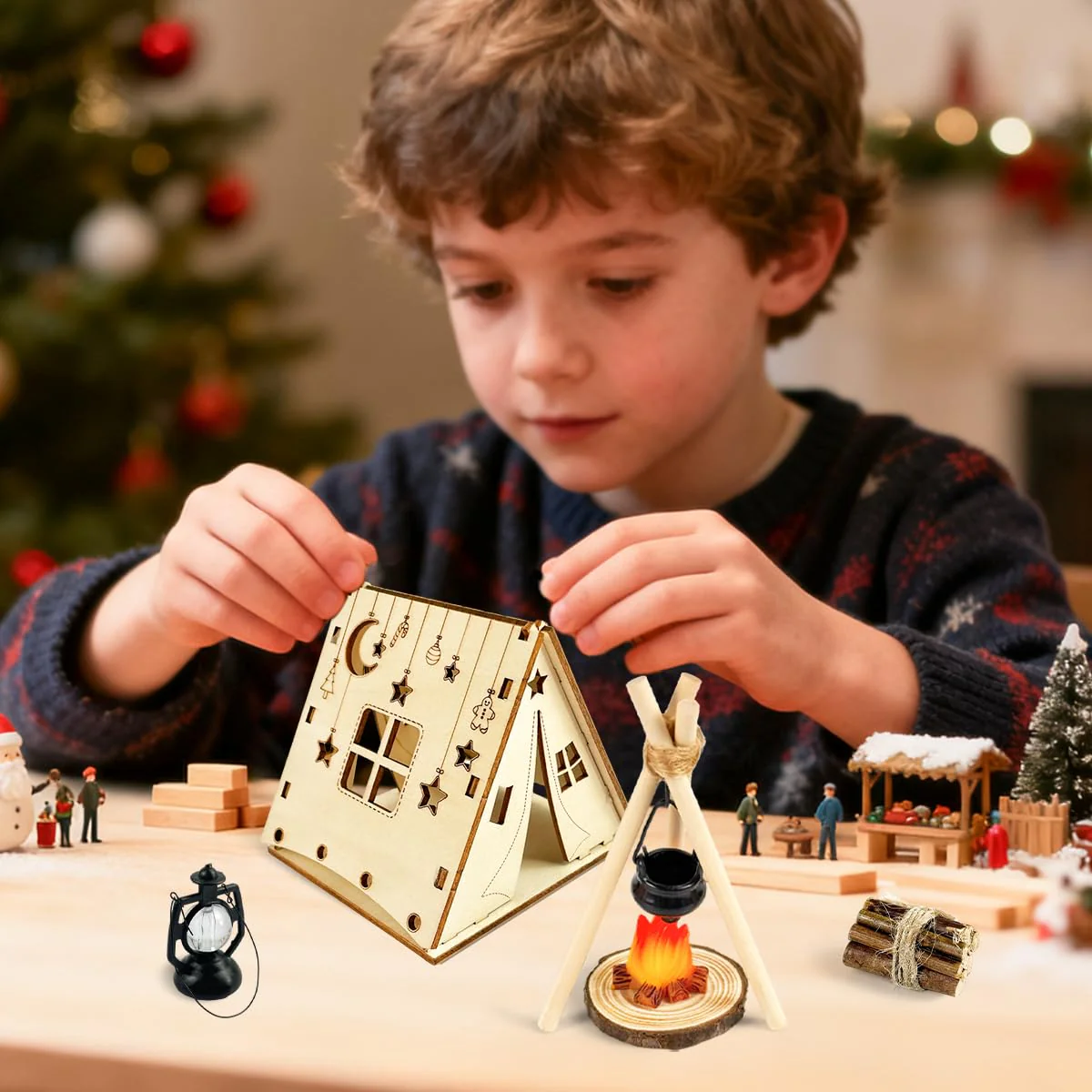 Wichtel Zubehör Weihnachten, Schneezelte Camping Miniatur Wichteltür Zubehör, mit Led Licht, Stiefel, Licht, und Andere Zubehör, Puppenhaus Zubehör für Weihnachten DIY Geschenk - Image 2