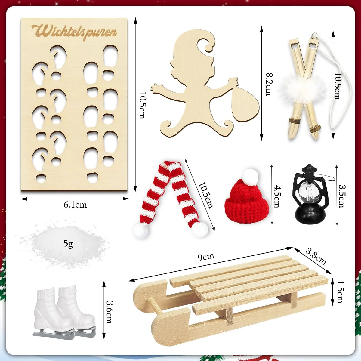Wichtel Zubehör Weihnachten, Winterwichtel Ski Set, mit Wichtel Schlitten Wichtel Schablone Fußabdruck, Schlittschuhe, Schal Mütze Kleine Laterne, Wichteltür Wichtelzubehör Puppenhaus Zubehör - Image 7