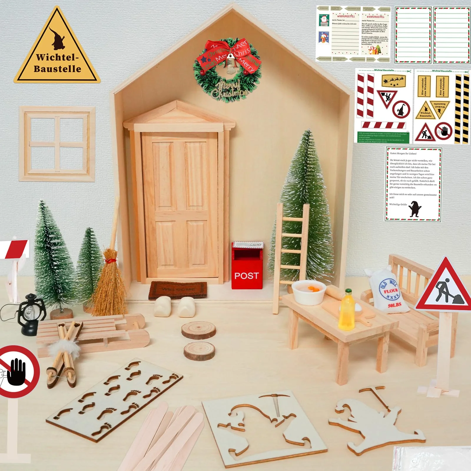 Wichtelhaus Bausatz, Wichteltür Set mit Wichtel Haus Wichtel Baustelle, Backset, Wichtel Schablone, Fußabdrücke und Weihnachtsbaum, Weihnachtswichtel Komplett Set, Wichteltür zum öffnen