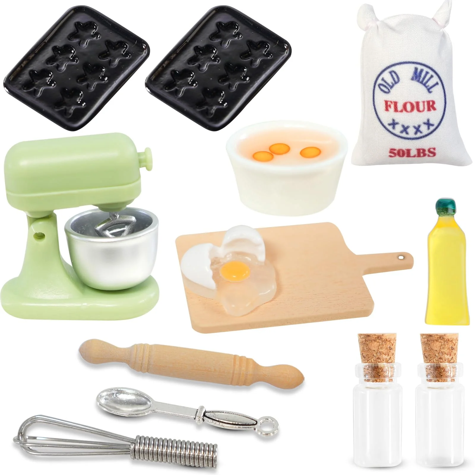 Wichteltür Zubehör, 13 Stück Wichtel Backset, 1/12 Wichtel Zubehör Backen, Miniatur Puppenhaus Eier Nudelholz Olivenöl Mehlsack Schneebesen Küche Backen Set, Weihnachtswichtel Zubehör