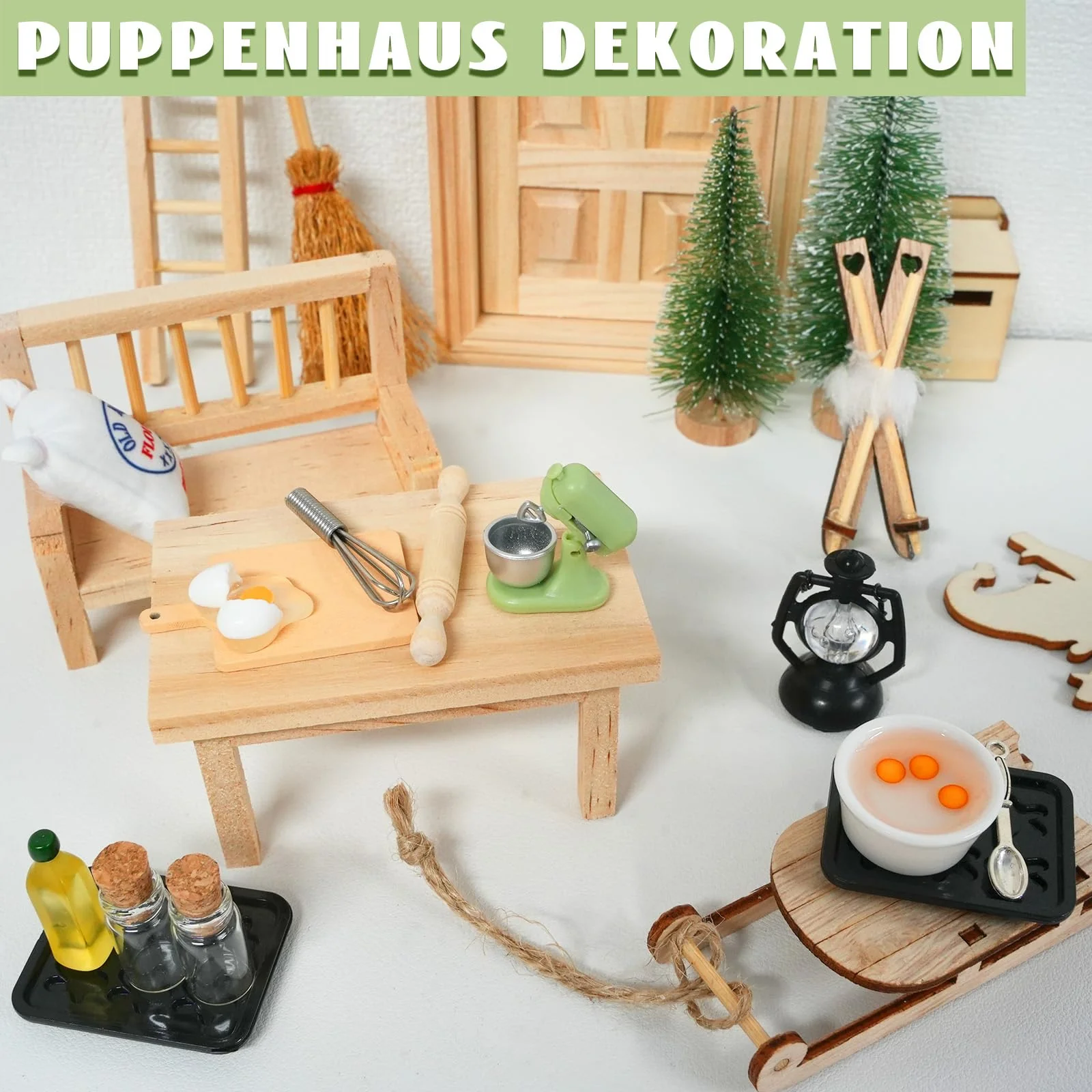 Wichteltür Zubehör, 13 Stück Wichtel Backset, 1/12 Wichtel Zubehör Backen, Miniatur Puppenhaus Eier Nudelholz Olivenöl Mehlsack Schneebesen Küche Backen Set, Weihnachtswichtel Zubehör - Image 2