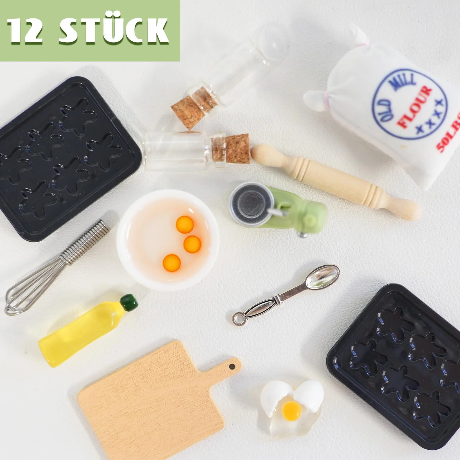 Wichteltür Zubehör, 13 Stück Wichtel Backset, 1/12 Wichtel Zubehör Backen, Miniatur Puppenhaus Eier Nudelholz Olivenöl Mehlsack Schneebesen Küche Backen Set, Weihnachtswichtel Zubehör - Image 5