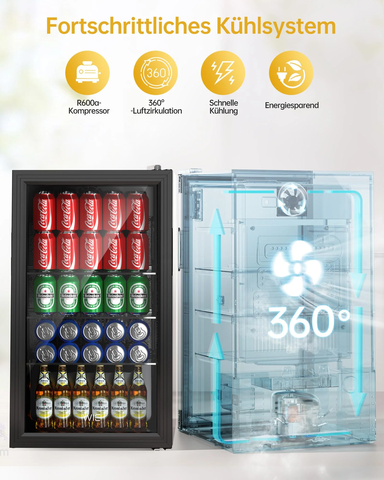 WIE Getränkekühlschrank Mini Kühlschrank mit Doppelte Glastür mit Verstellbaren Ablagen Indoor Outdoor Klein Bierkühlschrank Wendetür Leise 86 Liter 120 Dosen für Soda/Bier für Zuhause/Küche/Bar/Büro - Image 5