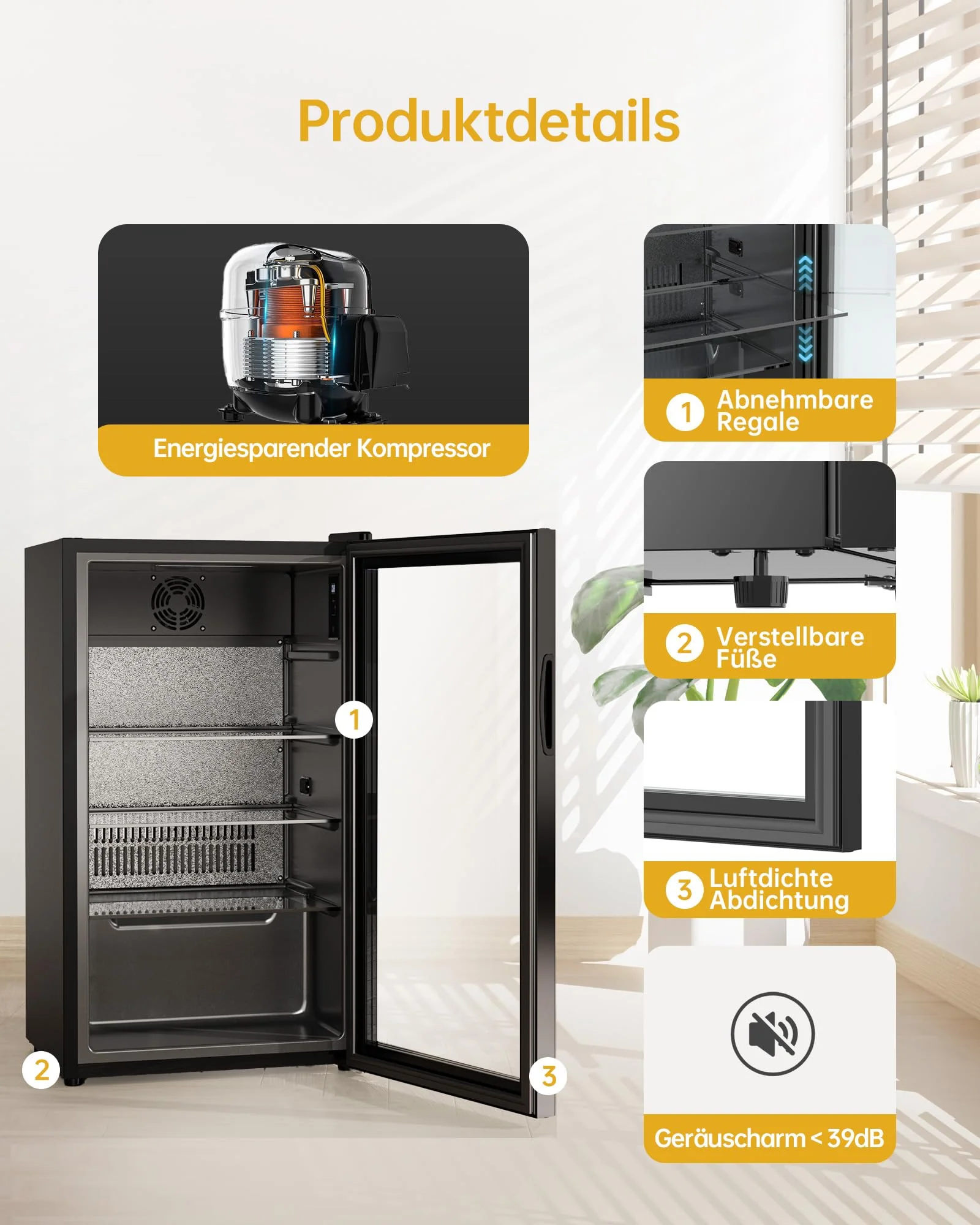 WIE Getränkekühlschrank Mini Kühlschrank mit Doppelte Glastür mit Verstellbaren Ablagen Indoor Outdoor Klein Bierkühlschrank Wendetür Leise 86 Liter 120 Dosen für Soda/Bier für Zuhause/Küche/Bar/Büro - Image 6