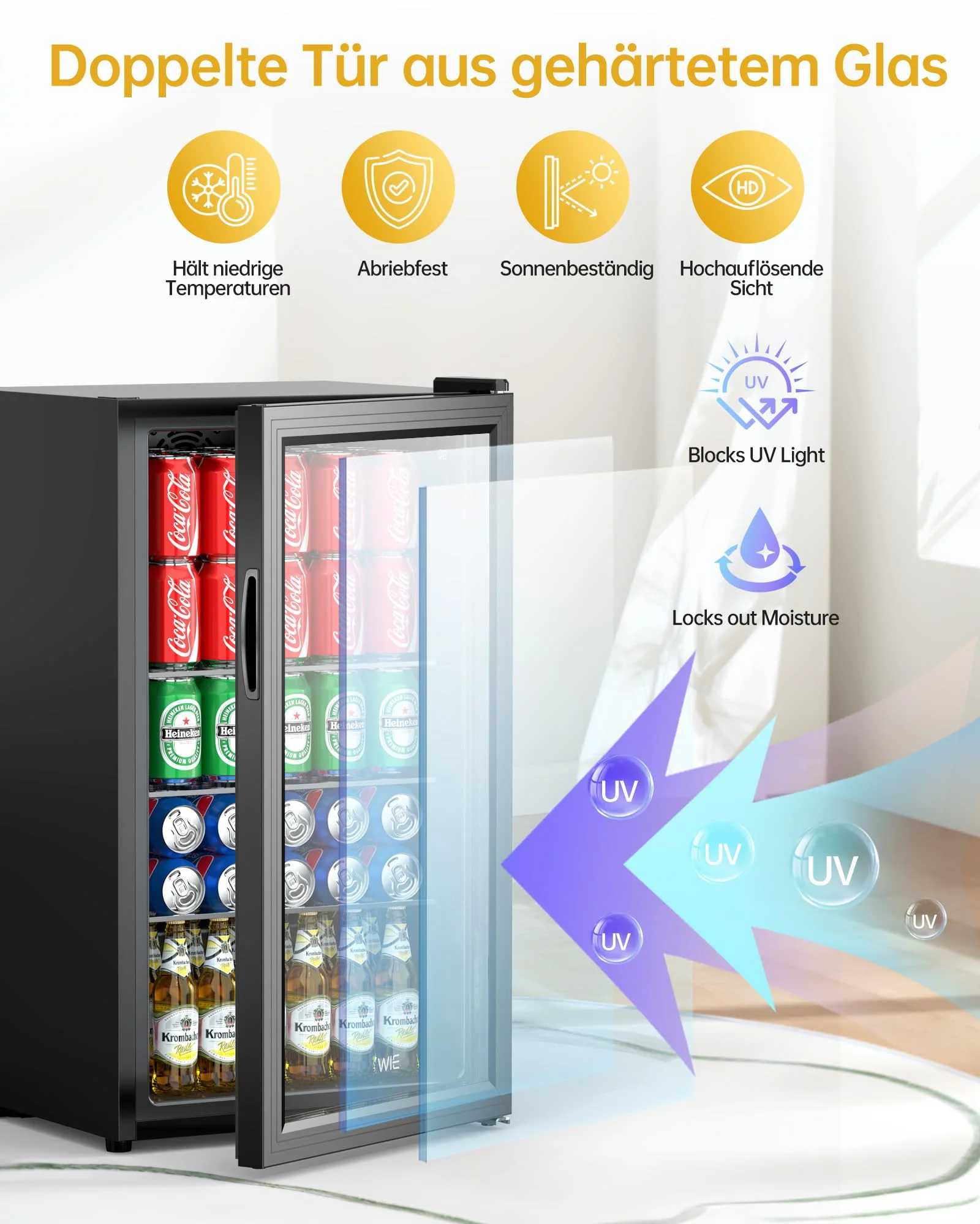 WIE Getränkekühlschrank Mini Kühlschrank mit Doppelte Glastür mit Verstellbaren Ablagen Indoor Outdoor Klein Bierkühlschrank Wendetür Leise 86 Liter 120 Dosen für Soda/Bier für Zuhause/Küche/Bar/Büro - Image 7