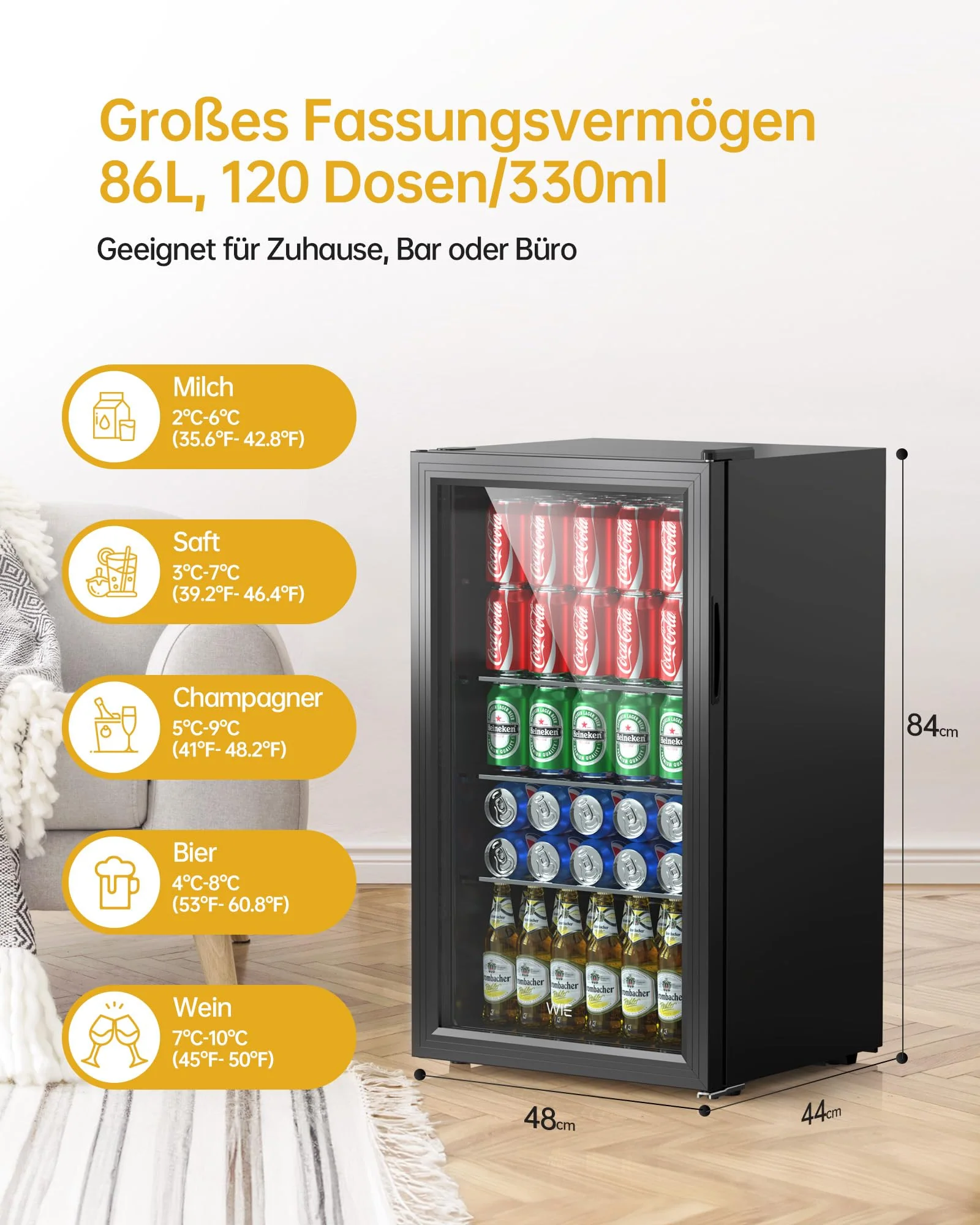 WIE Getränkekühlschrank Mini Kühlschrank mit Doppelte Glastür mit Verstellbaren Ablagen Indoor Outdoor Klein Bierkühlschrank Wendetür Leise 86 Liter 120 Dosen für Soda/Bier für Zuhause/Küche/Bar/Büro - Image 8