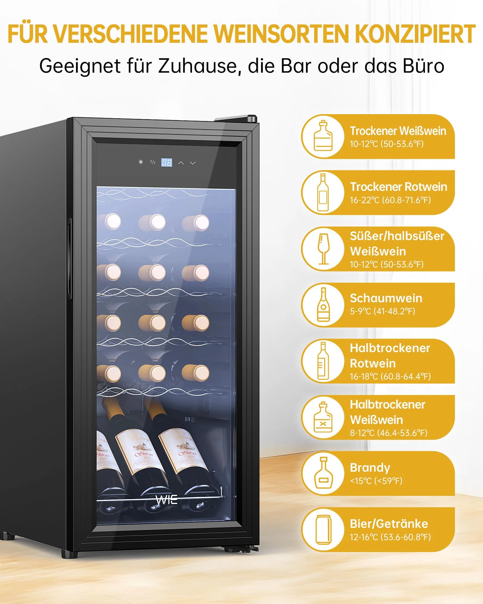 WIE Weinkühlschrank Compressor 53 Liter 18 Flaschen Getränkekühlschrank Kleiner Weinschrank Klein Wein-Kühlschrank mit Glastür,Vollglas-Designtür mit LED Touchpanel,Anti-UV, Wine Fridge 5-18°C - Image 2