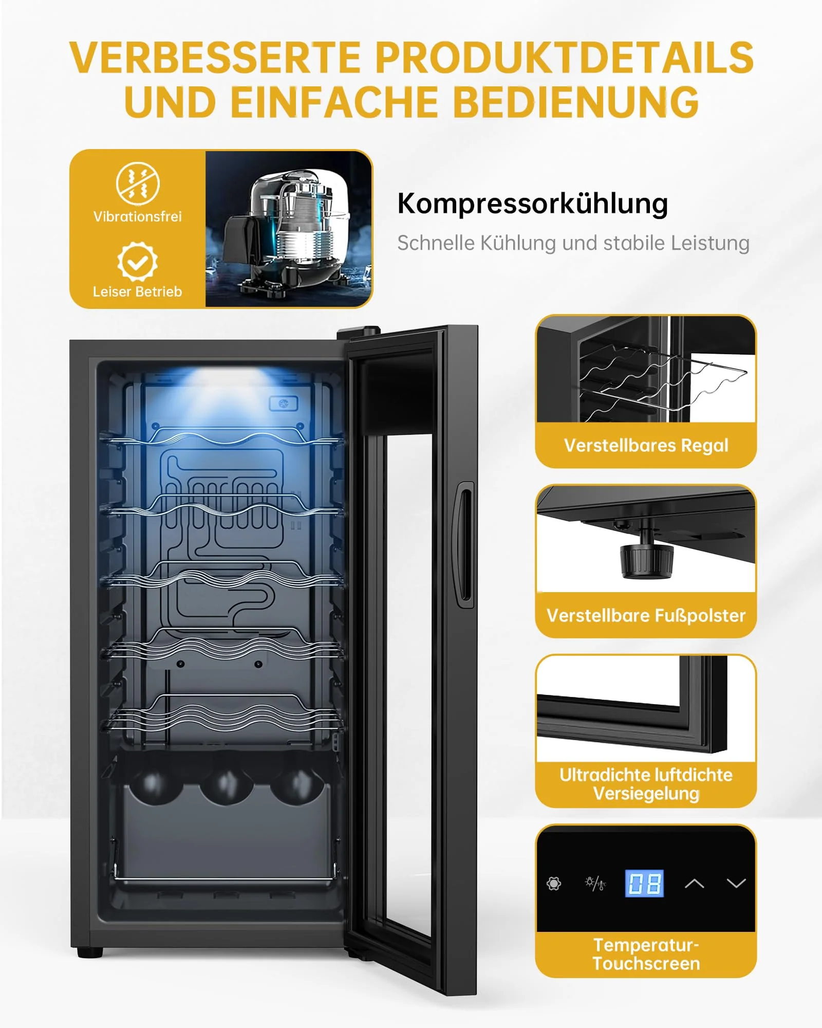 WIE Weinkühlschrank Compressor 53 Liter 18 Flaschen Getränkekühlschrank Kleiner Weinschrank Klein Wein-Kühlschrank mit Glastür,Vollglas-Designtür mit LED Touchpanel,Anti-UV, Wine Fridge 5-18°C - Image 3