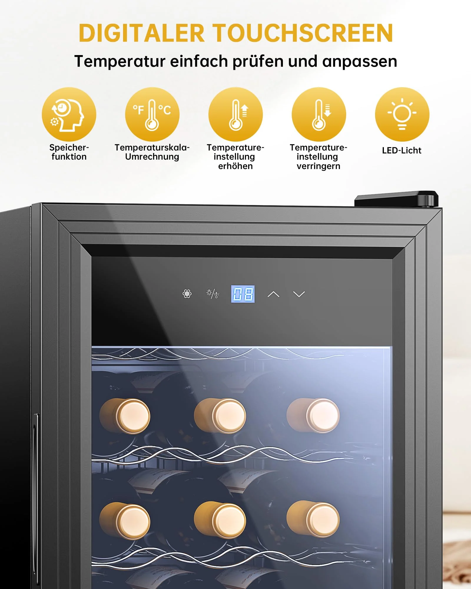 WIE Weinkühlschrank Compressor 53 Liter 18 Flaschen Getränkekühlschrank Kleiner Weinschrank Klein Wein-Kühlschrank mit Glastür,Vollglas-Designtür mit LED Touchpanel,Anti-UV, Wine Fridge 5-18°C - Image 6