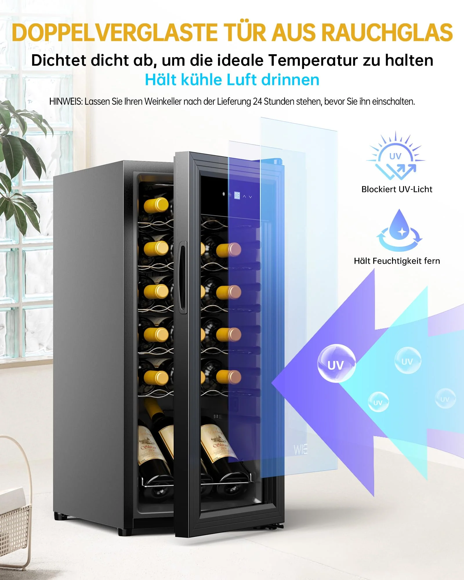 WIE Weinkühlschrank Compressor 53 Liter 18 Flaschen Getränkekühlschrank Kleiner Weinschrank Klein Wein-Kühlschrank mit Glastür,Vollglas-Designtür mit LED Touchpanel,Anti-UV, Wine Fridge 5-18°C - Image 7