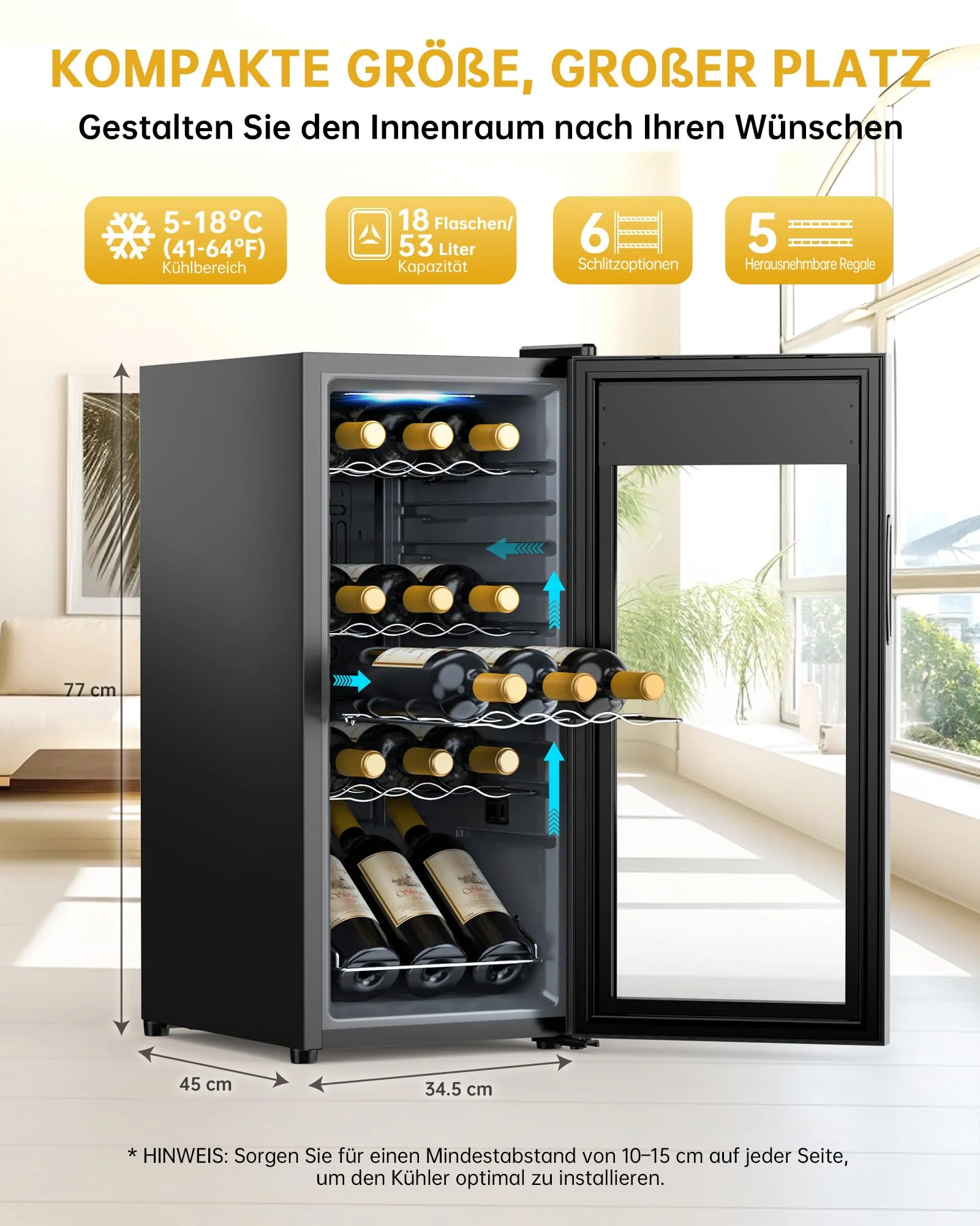 WIE Weinkühlschrank Compressor 53 Liter 18 Flaschen Getränkekühlschrank Kleiner Weinschrank Klein Wein-Kühlschrank mit Glastür,Vollglas-Designtür mit LED Touchpanel,Anti-UV, Wine Fridge 5-18°C - Image 8