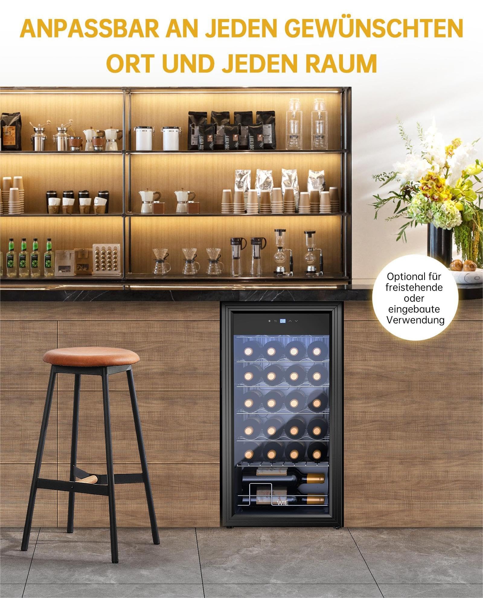WIE Weinkühlschrank Compressor 82 Liter 28 Flaschen Getränkekühlschrank Kleiner Weinschrank Klein mit Glastür,Vollglas-Designtür mit LED Touchpanel,Anti-UV, Wine Fridge 5-18°C - Image 2