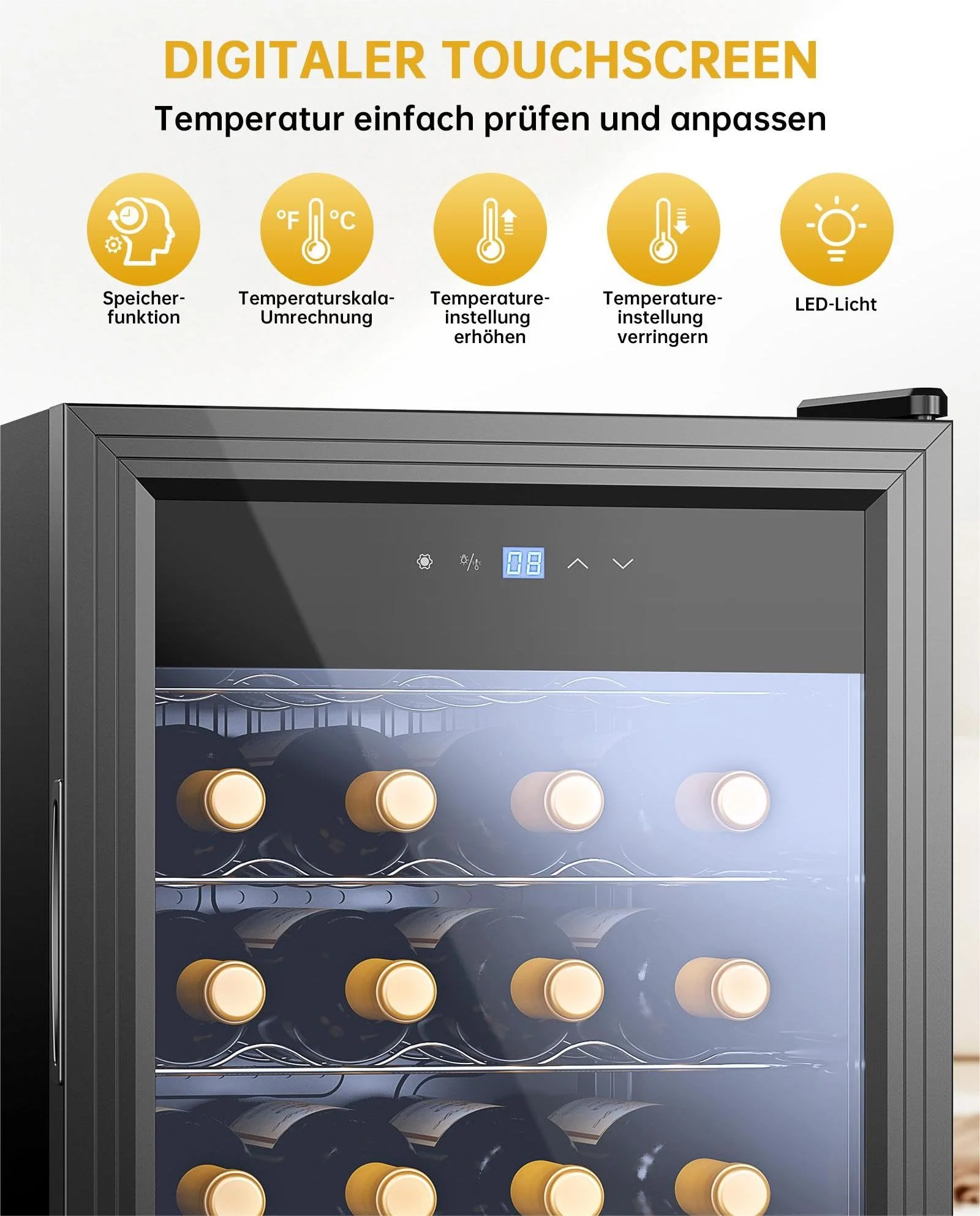 WIE Weinkühlschrank Compressor 82 Liter 28 Flaschen Getränkekühlschrank Kleiner Weinschrank Klein mit Glastür,Vollglas-Designtür mit LED Touchpanel,Anti-UV, Wine Fridge 5-18°C - Image 4