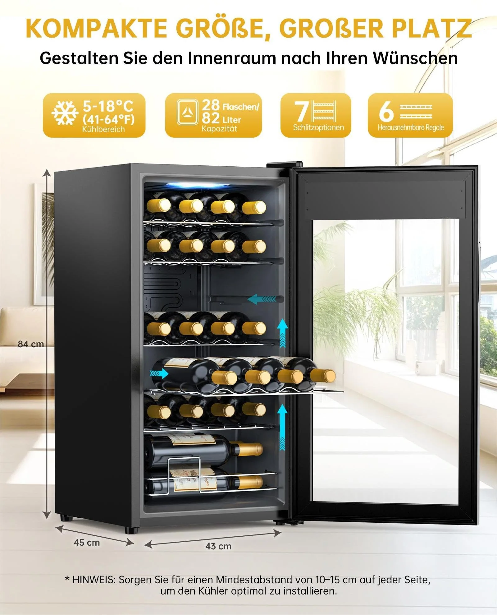 WIE Weinkühlschrank Compressor 82 Liter 28 Flaschen Getränkekühlschrank Kleiner Weinschrank Klein mit Glastür,Vollglas-Designtür mit LED Touchpanel,Anti-UV, Wine Fridge 5-18°C - Image 7