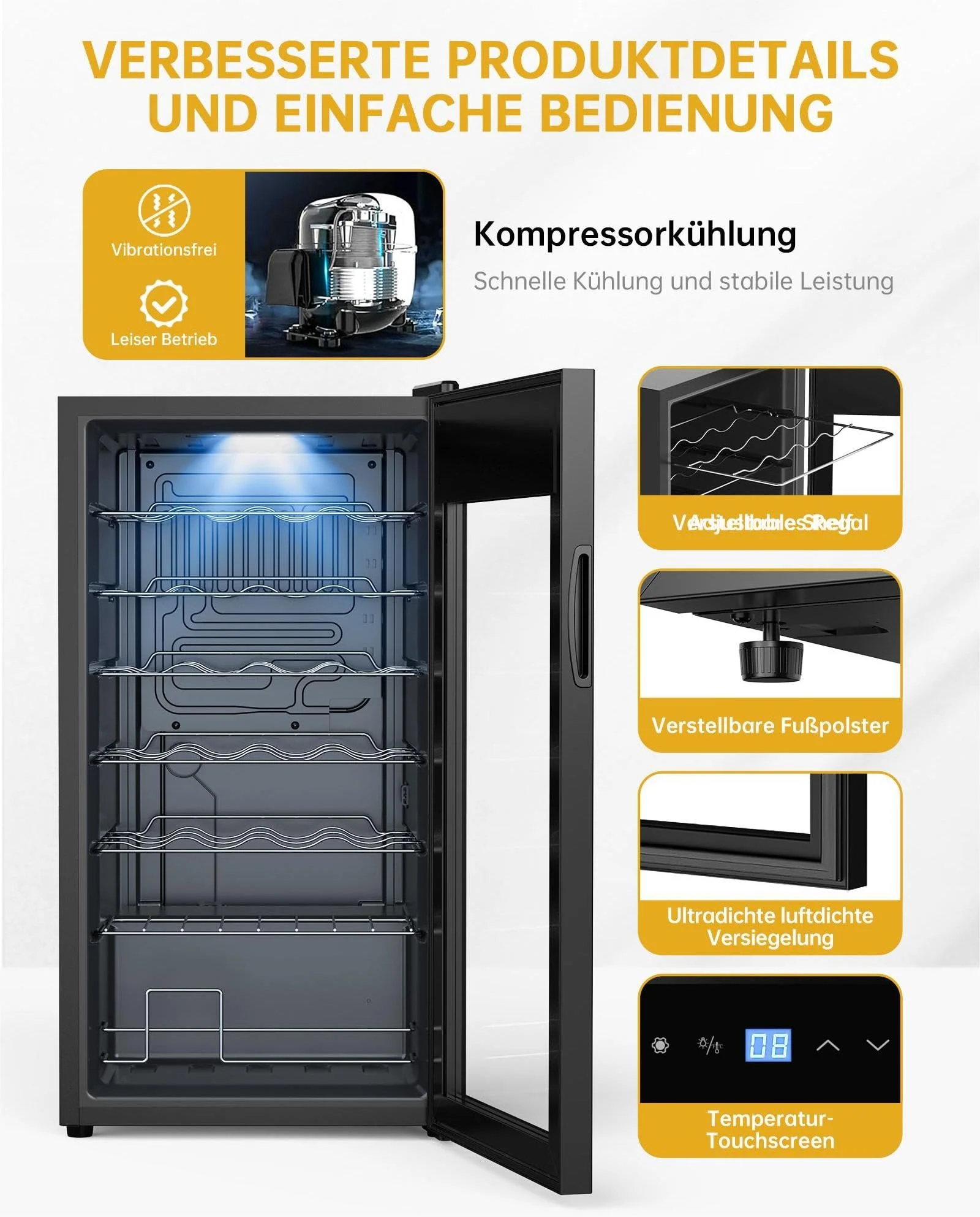 WIE Weinkühlschrank Compressor 82 Liter 28 Flaschen Getränkekühlschrank Kleiner Weinschrank Klein mit Glastür,Vollglas-Designtür mit LED Touchpanel,Anti-UV, Wine Fridge 5-18°C - Image 8