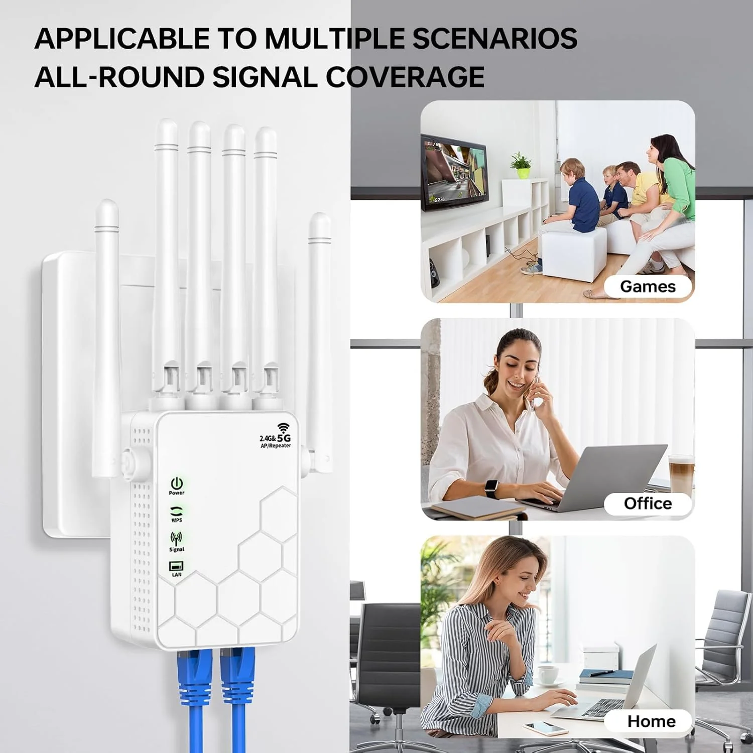 WiFi Repeater, 1200 MPS Dual Band 5GHz und 2.4GHz WiFi Extender, Repeater/Router/AP Modus, WiFi Signalverstärker mit 6 leistungsstarken Antennen, 2 LAN Ports, passend für Zuhause/Büro, etc. - Image 3