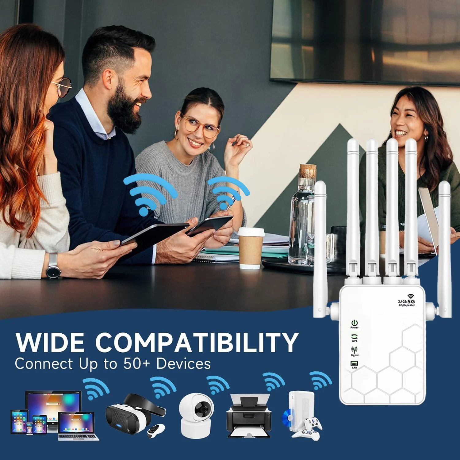 WiFi Repeater, 1200 MPS Dual Band 5GHz und 2.4GHz WiFi Extender, Repeater/Router/AP Modus, WiFi Signalverstärker mit 6 leistungsstarken Antennen, 2 LAN Ports, passend für Zuhause/Büro, etc. - Image 4