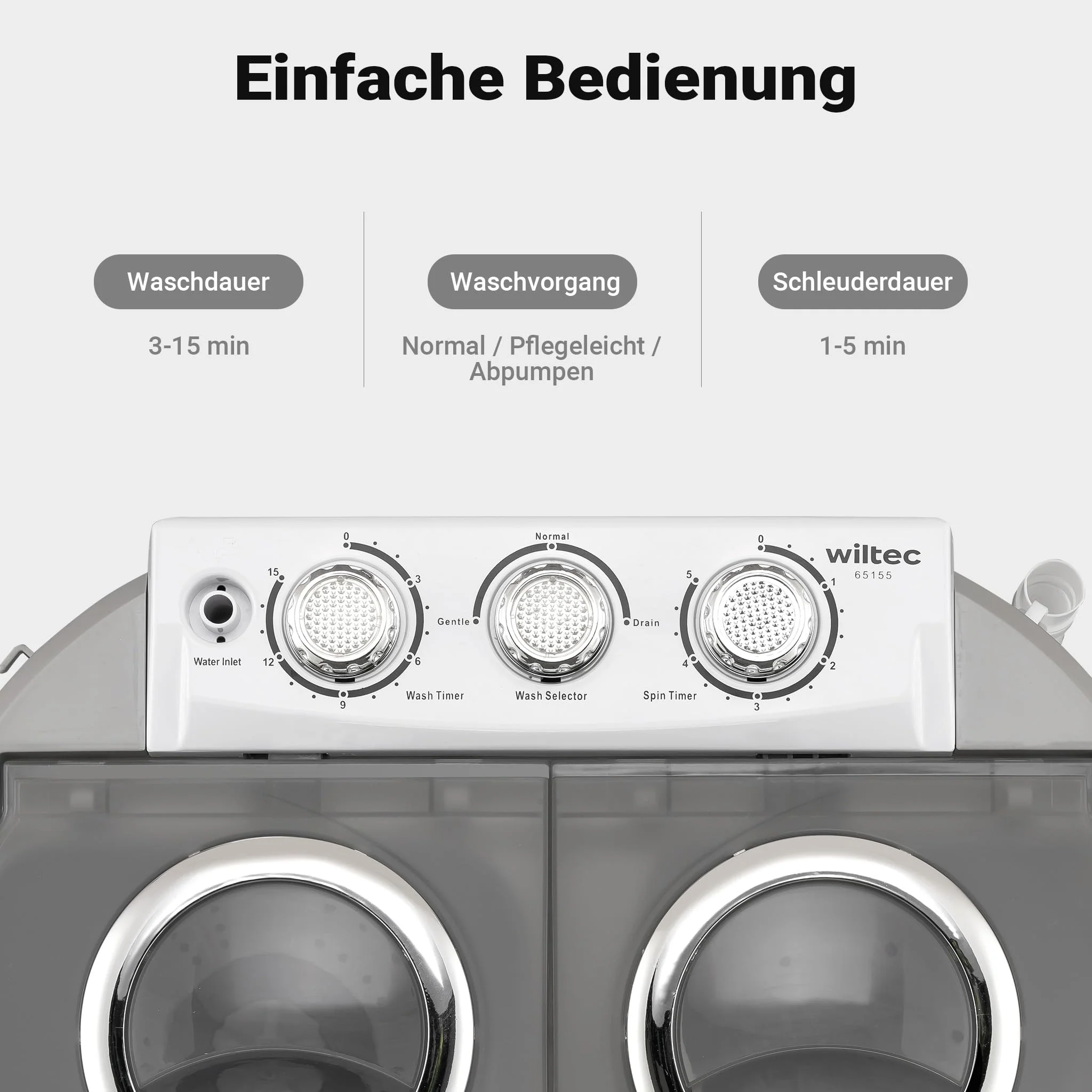 Wiltec Camping Waschmaschine 230 W 60 x 36 x 60 cm, Mini Waschmaschine für bis zu 3,0 kg Wäsche, Reisewaschmaschine mit 2,0 kg Schleuderkapazität - Image 8
