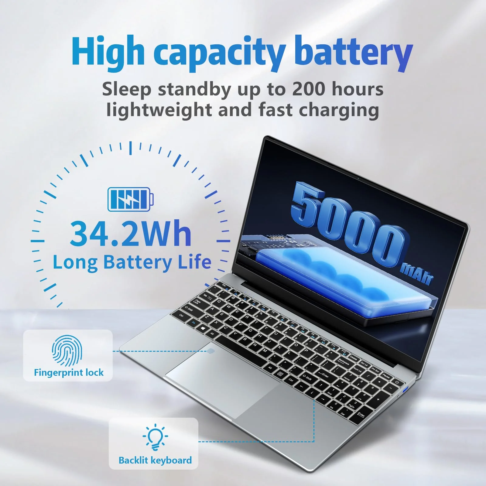 Win 11 Pro Laptop 15,6 Zoll, Notebook 24GB RAM 512GB SSD, Celeron N5095 Prozessor, Laptop FHD IPS 1920*1080 Display mit Tastatur mit Hintergrundbeleuchtung, Fingerabdruck-Entsperrung, WIFI 5 & BT 4.2 - Image 3