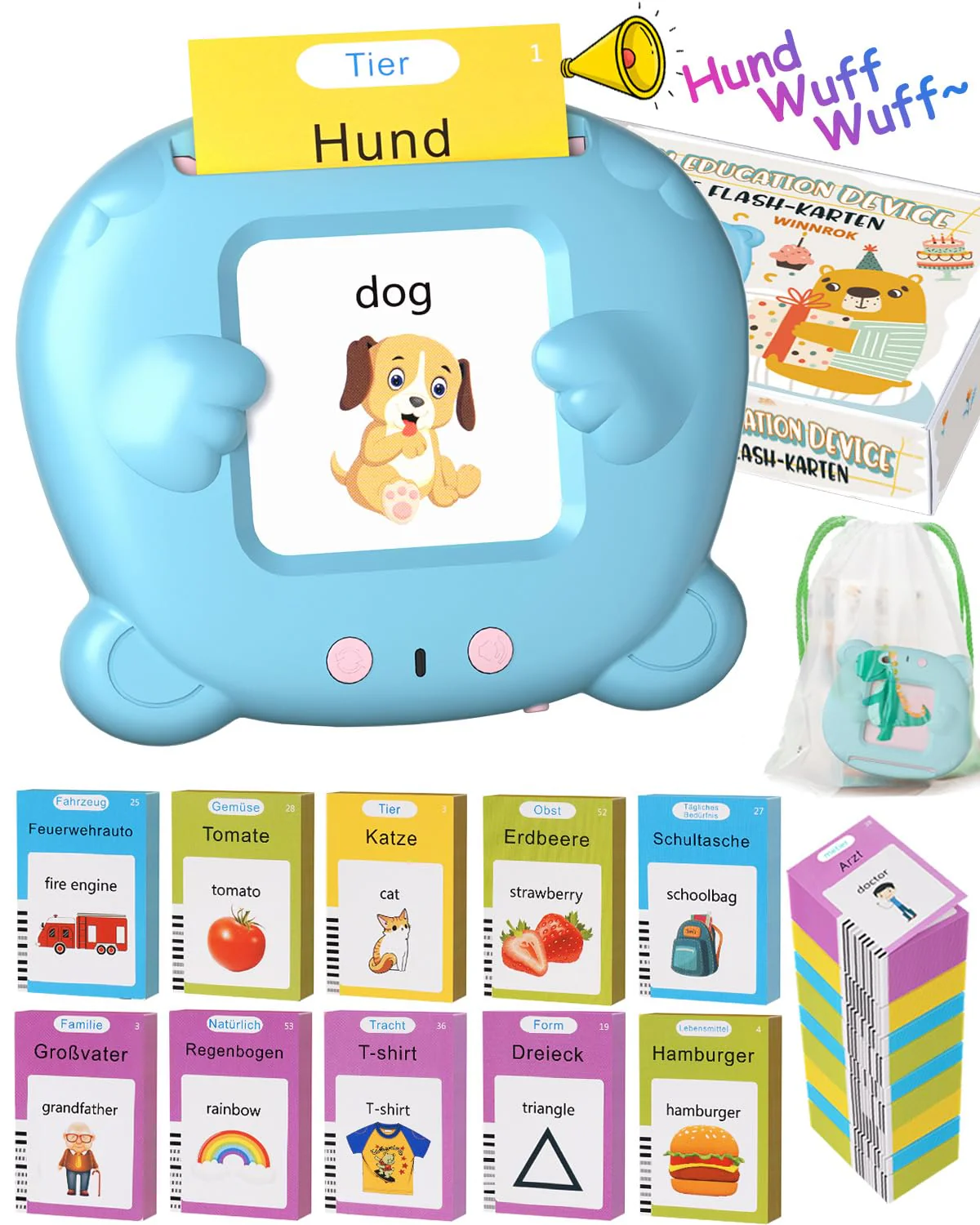 Winnrok Sprechende Lernkarten Deutsch Englisch Lernen für Kinder,Geschenke Kinder Sprechen Lernspielzeug Sprachförderung ab 2 3 4 Jahre, Flash Cards Lernspiele Vokabelfreund 224 Wörter Blau