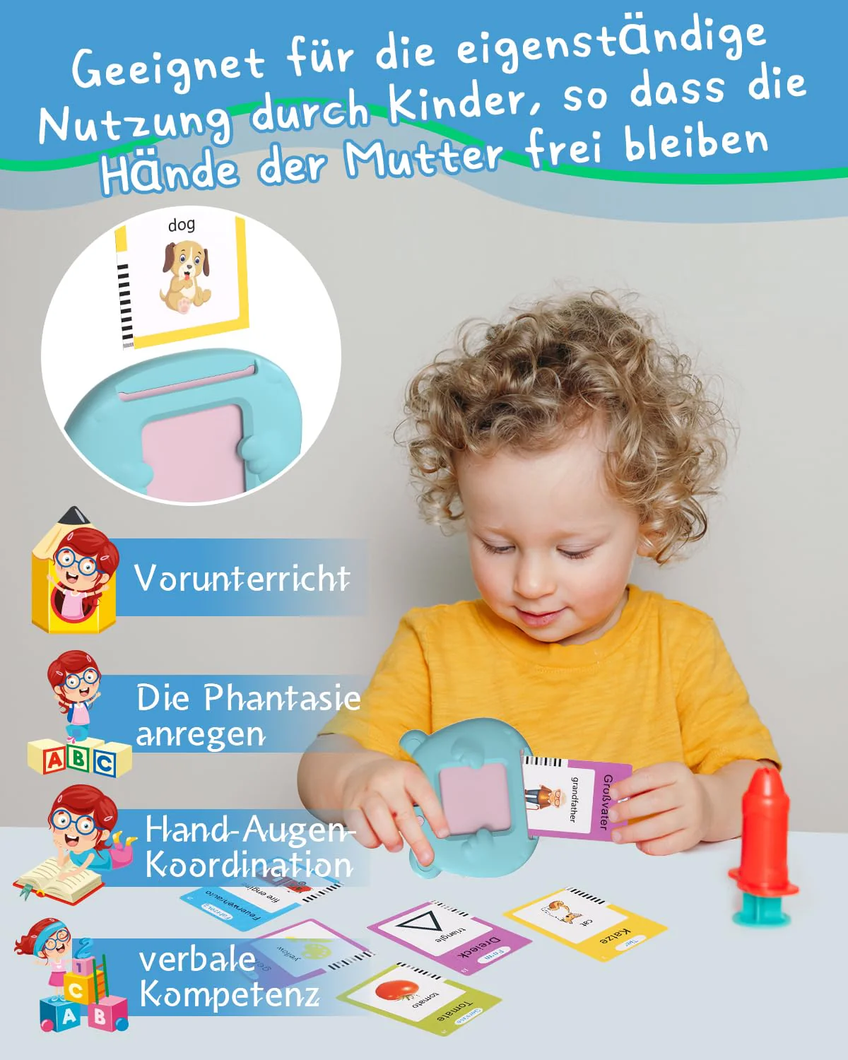 Winnrok Sprechende Lernkarten Deutsch Englisch Lernen für Kinder,Geschenke Kinder Sprechen Lernspielzeug Sprachförderung ab 2 3 4 Jahre, Flash Cards Lernspiele Vokabelfreund 224 Wörter Blau - Image 2