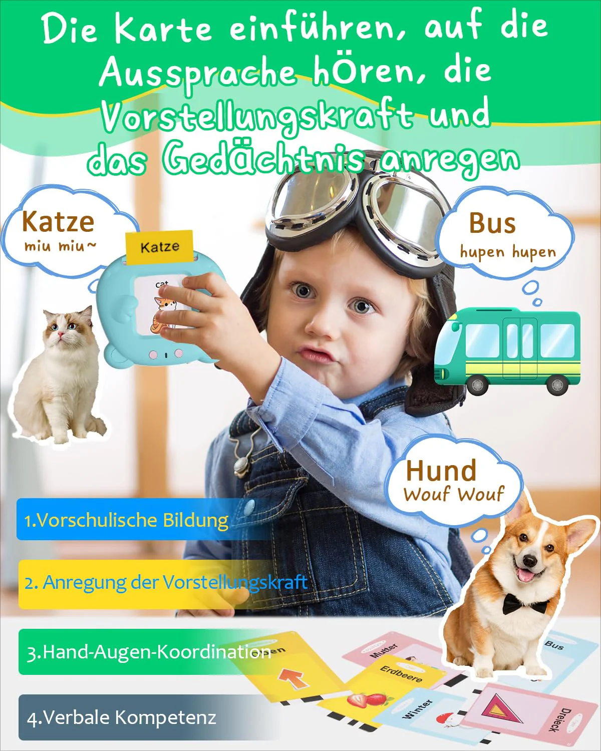 Winnrok Sprechende Lernkarten Deutsch Englisch Lernen für Kinder,Geschenke Kinder Sprechen Lernspielzeug Sprachförderung ab 2 3 4 Jahre, Flash Cards Lernspiele Vokabelfreund 224 Wörter Blau - Image 6