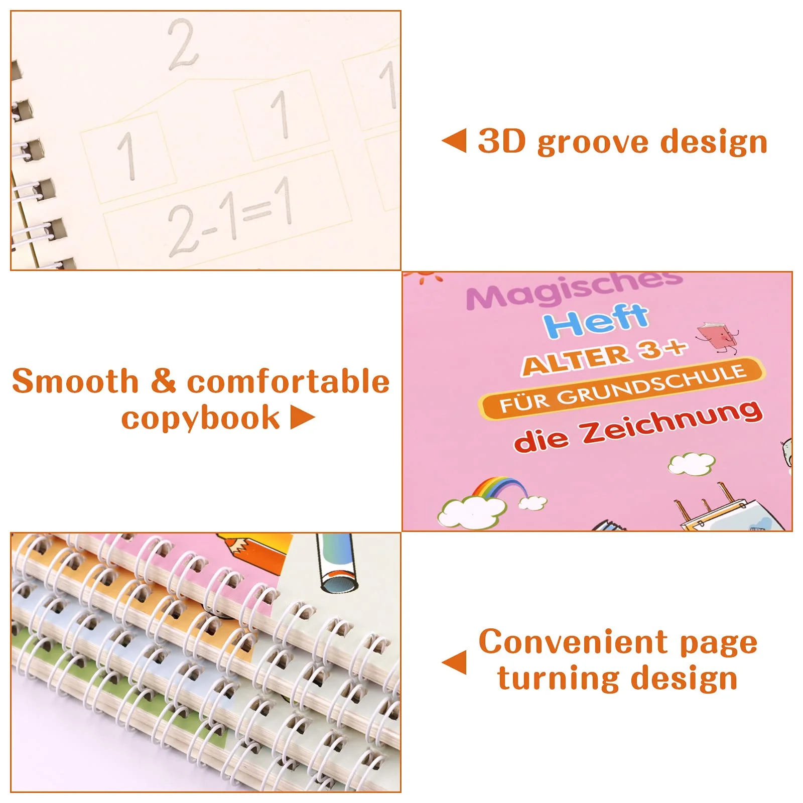 Winthai 4 Stück Deutsch Magisches Heft, Magisches übungsheft mit 12 Stift, Groove Calligraphy Wiederverwendbares Handschrift Nachziehen für Kinder Kalligraphie Zahlen Zeichnung Buchstaben - Image 5