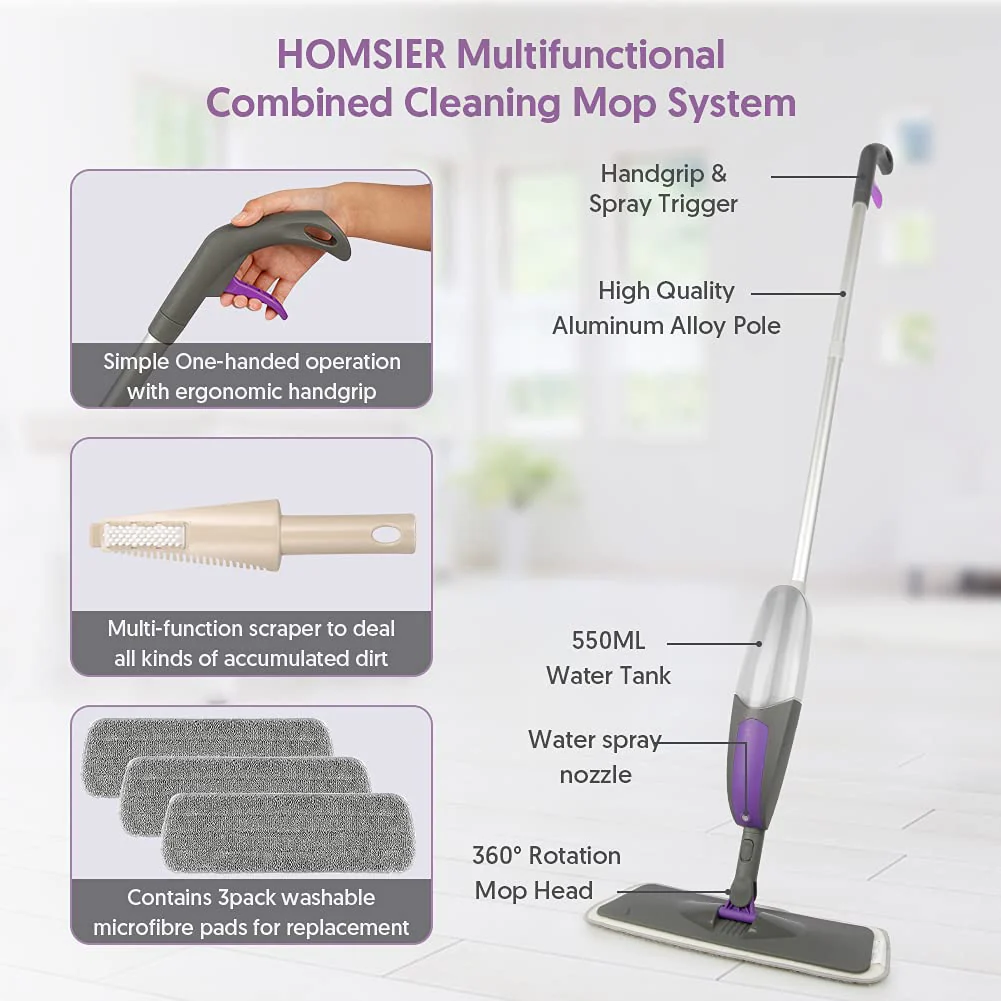 Wischer mit Sprühfunktion - HOMSIER Spray Mop Bodenwischer Sprühwischer für Schnelle Reinigung mit 550ML Wassertank und 3 Mikrofaserbezug, Wischmopp für Laminat Fliesen Holzböden Parkett Marmor Boden - Image 5